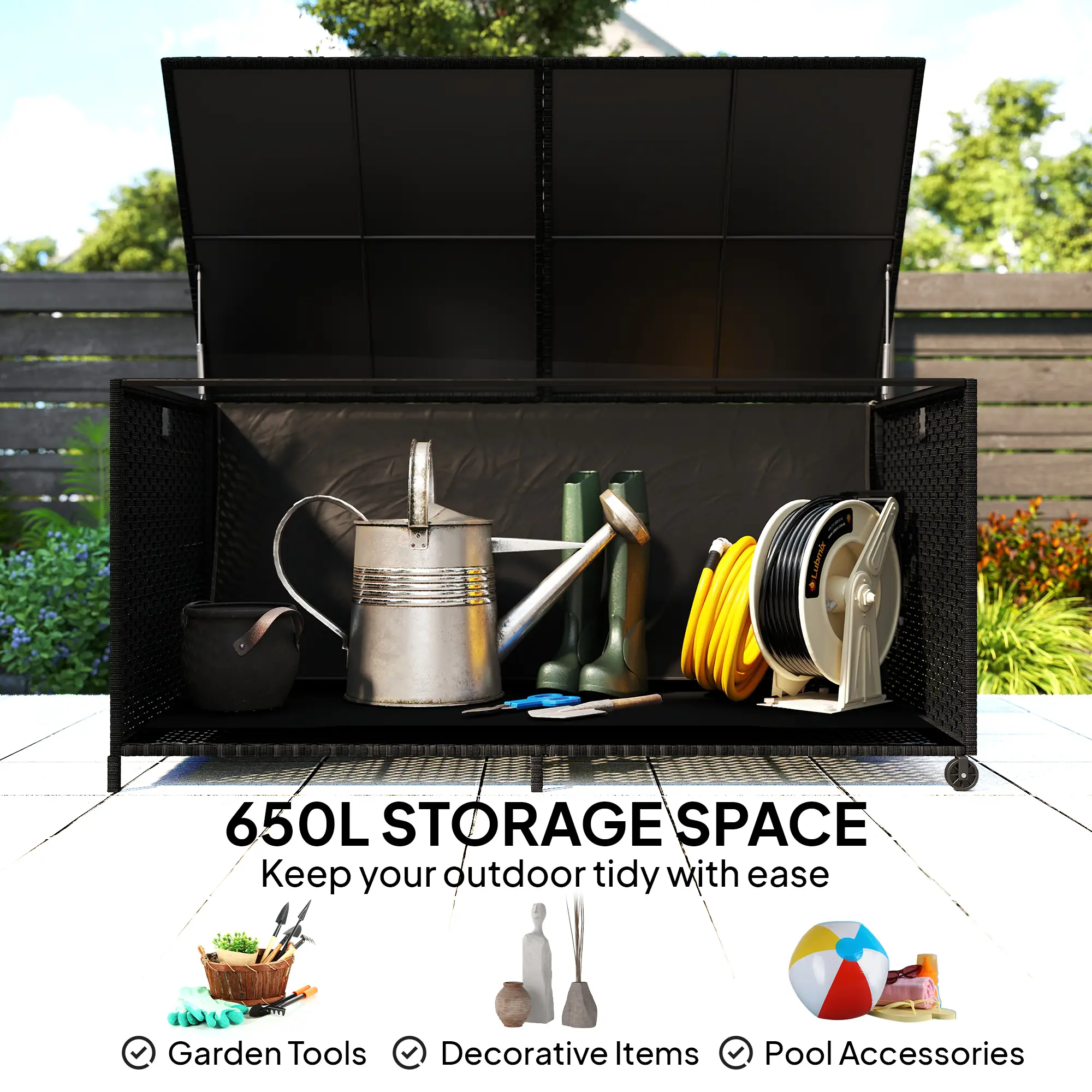 Outsunny 650L Rattan Garden Storage Box, Black - Image 4