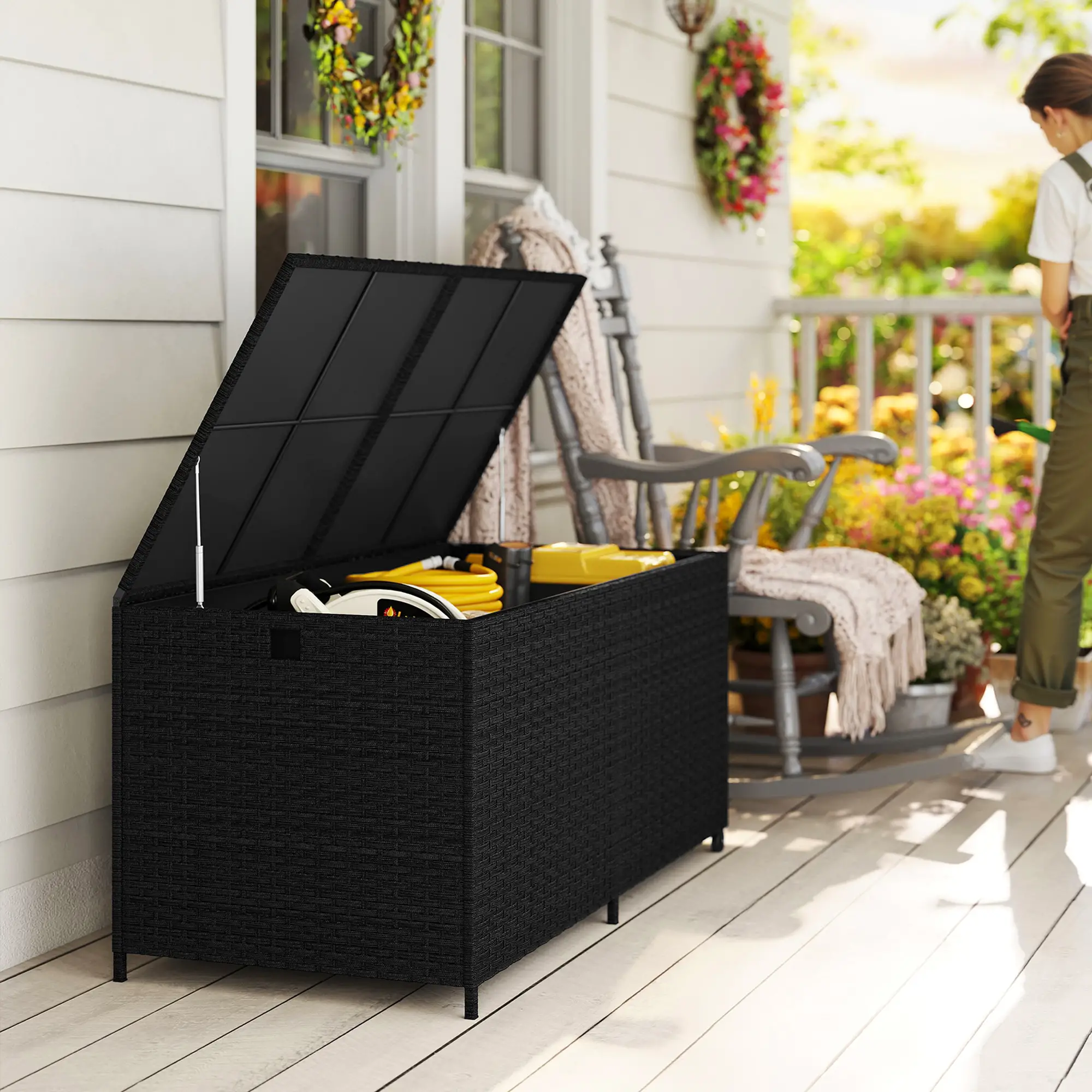 Outsunny 650L Rattan Garden Storage Box, Black - Image 10