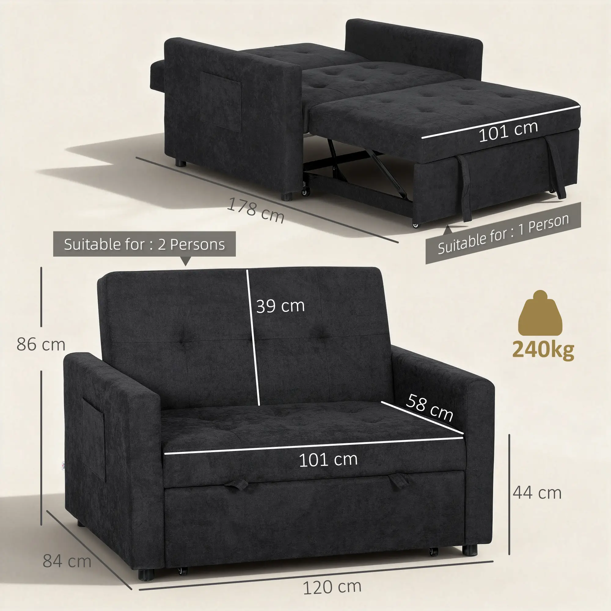Sofa Bed 120 x 84 x 86cm - Black - 3