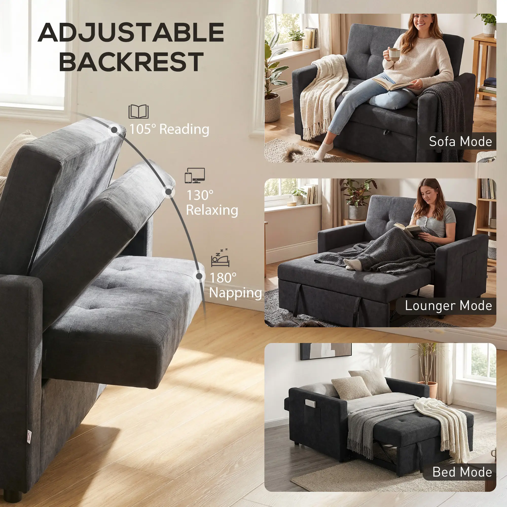 Sofa Bed 120 x 84 x 86cm - Black - 5
