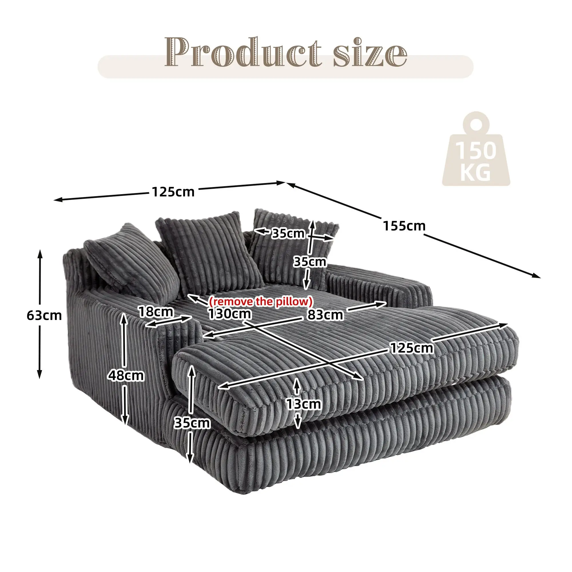 Corduroy Sofa Bed 155 x 125 x 63cm - Dark Grey - 3
