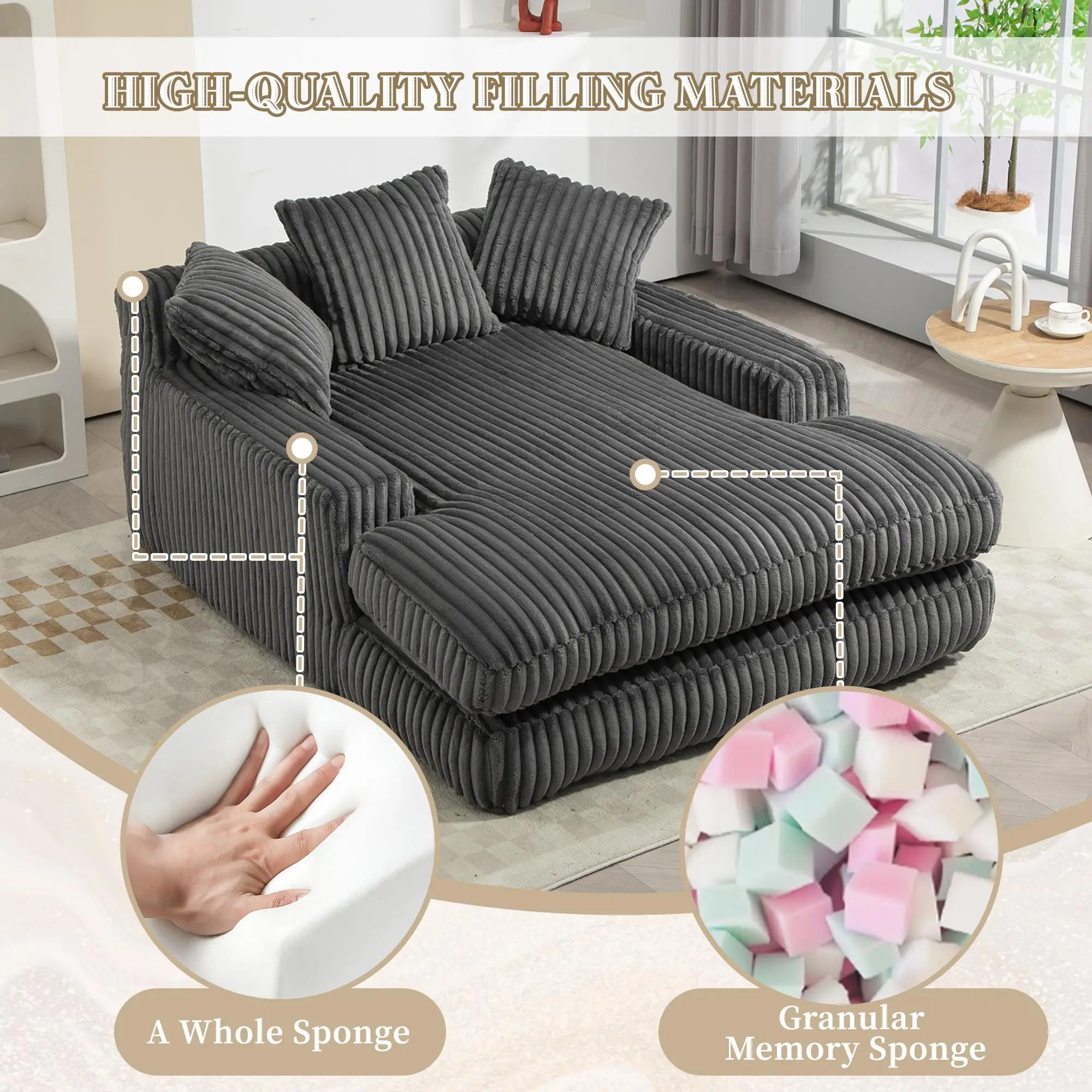 Corduroy Sofa Bed 155 x 125 x 63cm - Dark Grey - 4
