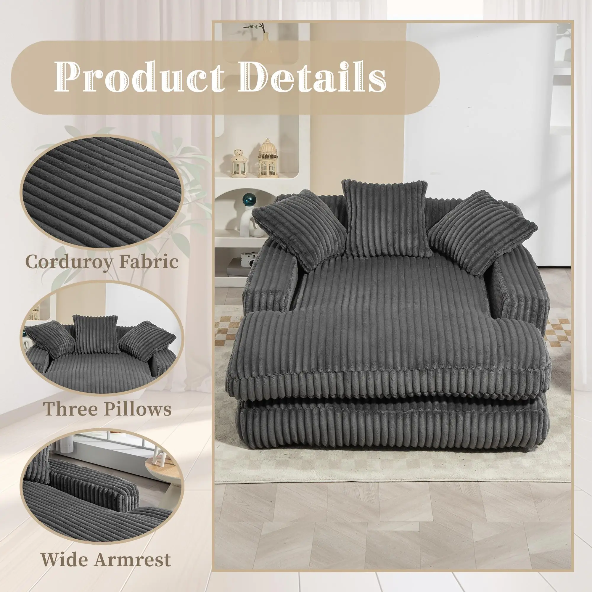 Corduroy Sofa Bed 155 x 125 x 63cm - Dark Grey - 5