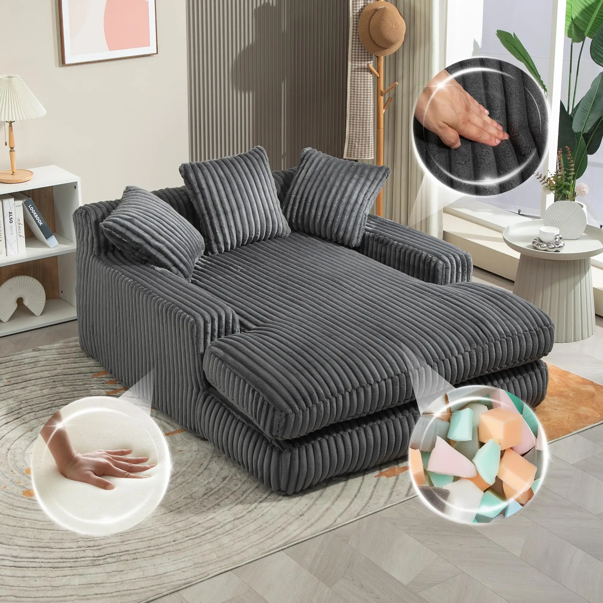 Corduroy Sofa Bed 155 x 125 x 63cm - Dark Grey - 10