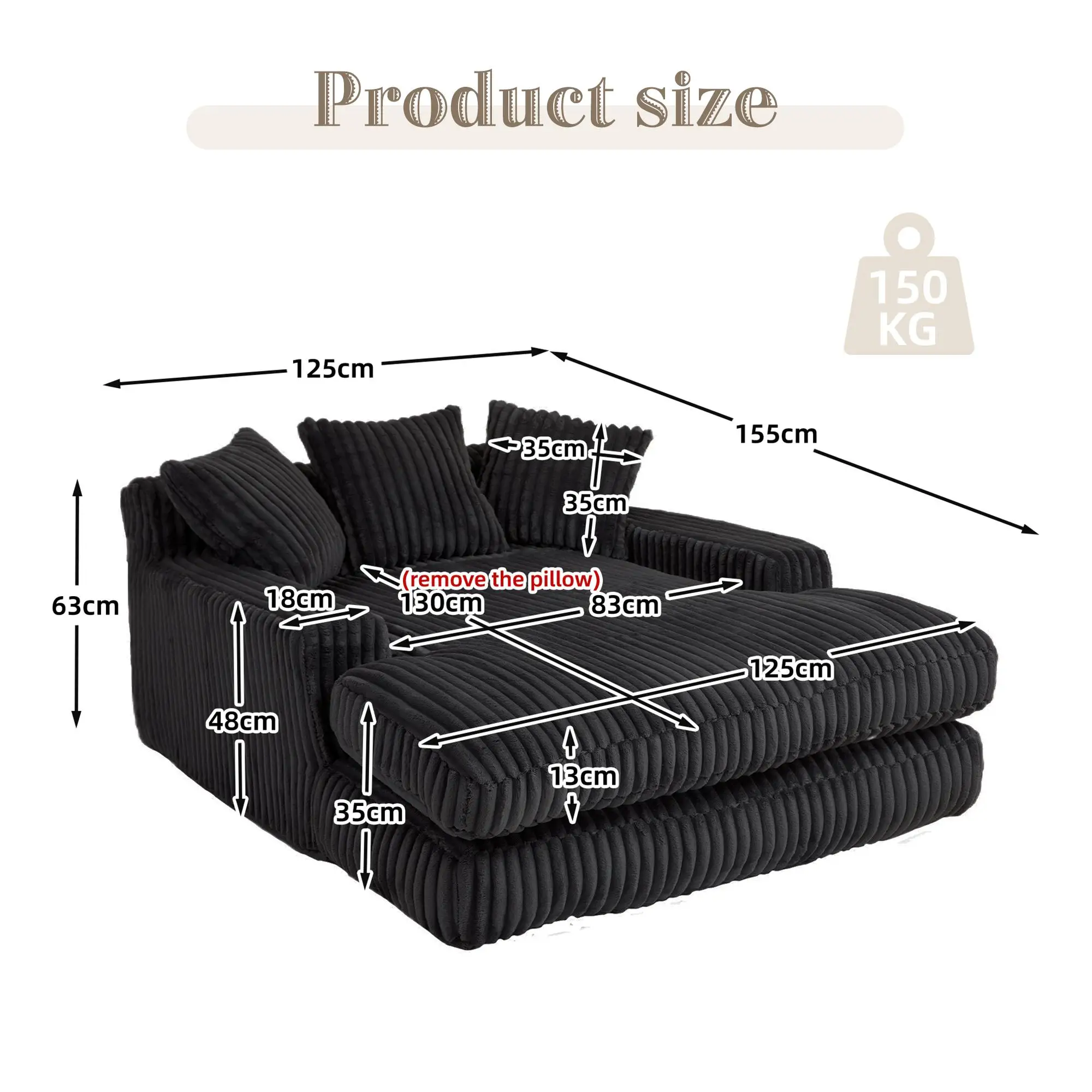 Corduroy Sofa Bed 155 x 125 x 63cm - Black - 3