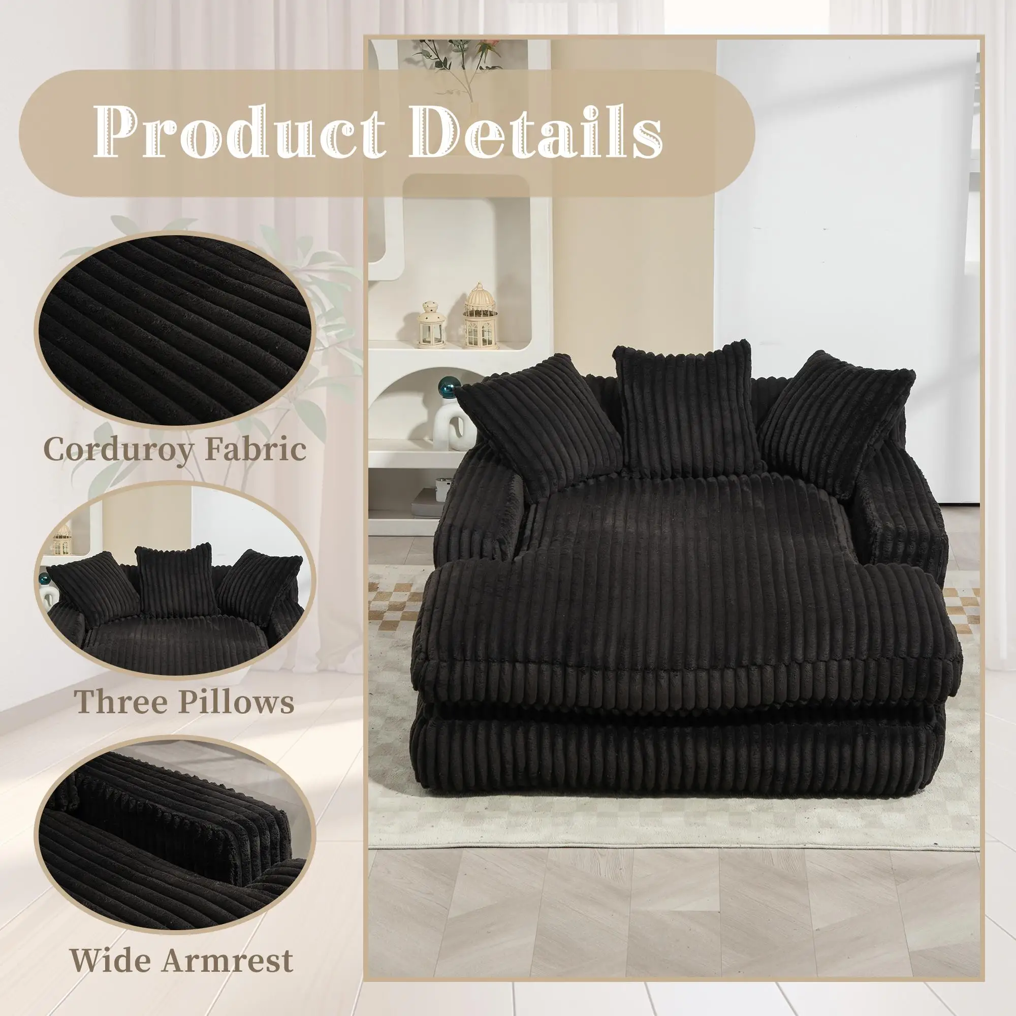 Corduroy Sofa Bed 155 x 125 x 63cm - Black - 4