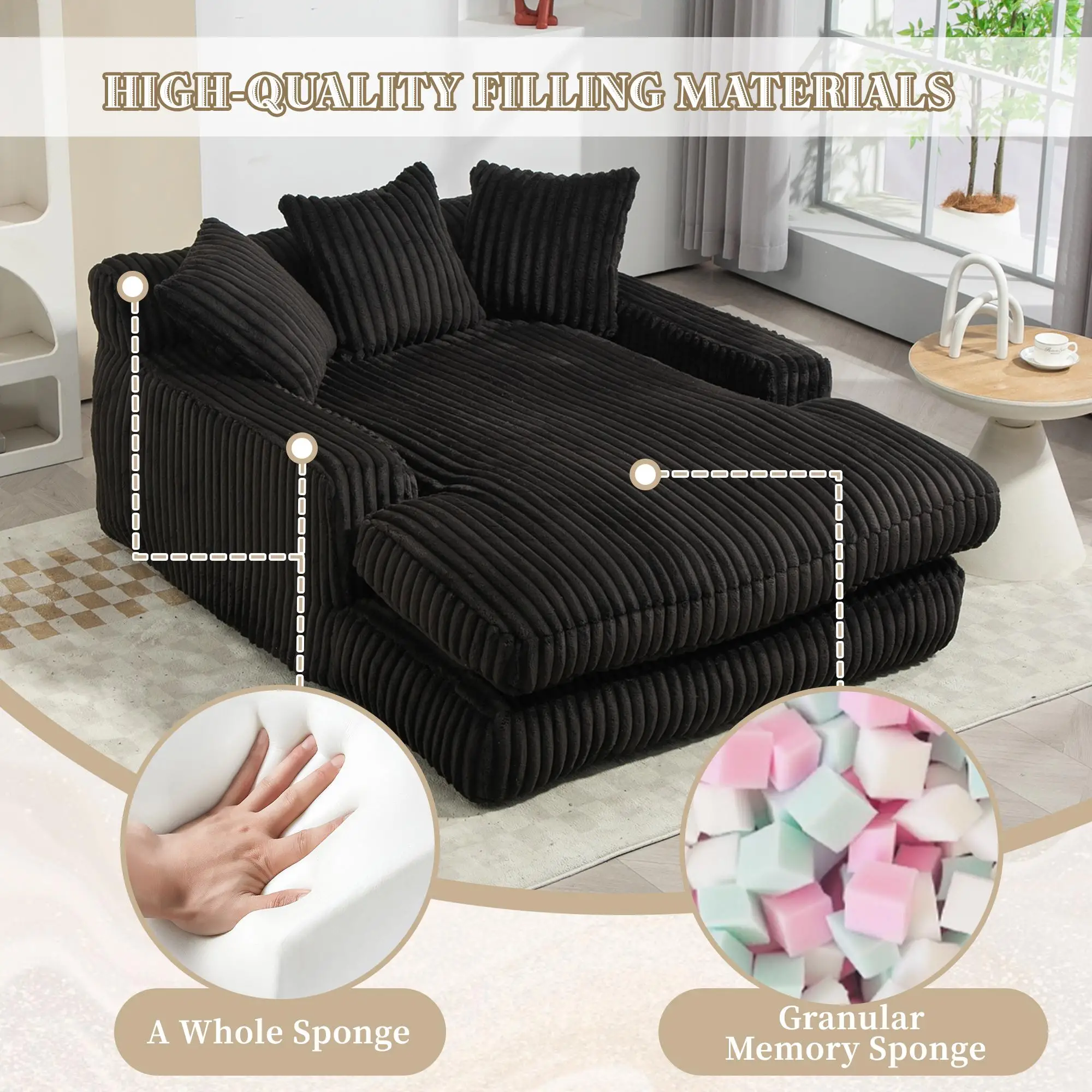 Corduroy Sofa Bed 155 x 125 x 63cm - Black - 5