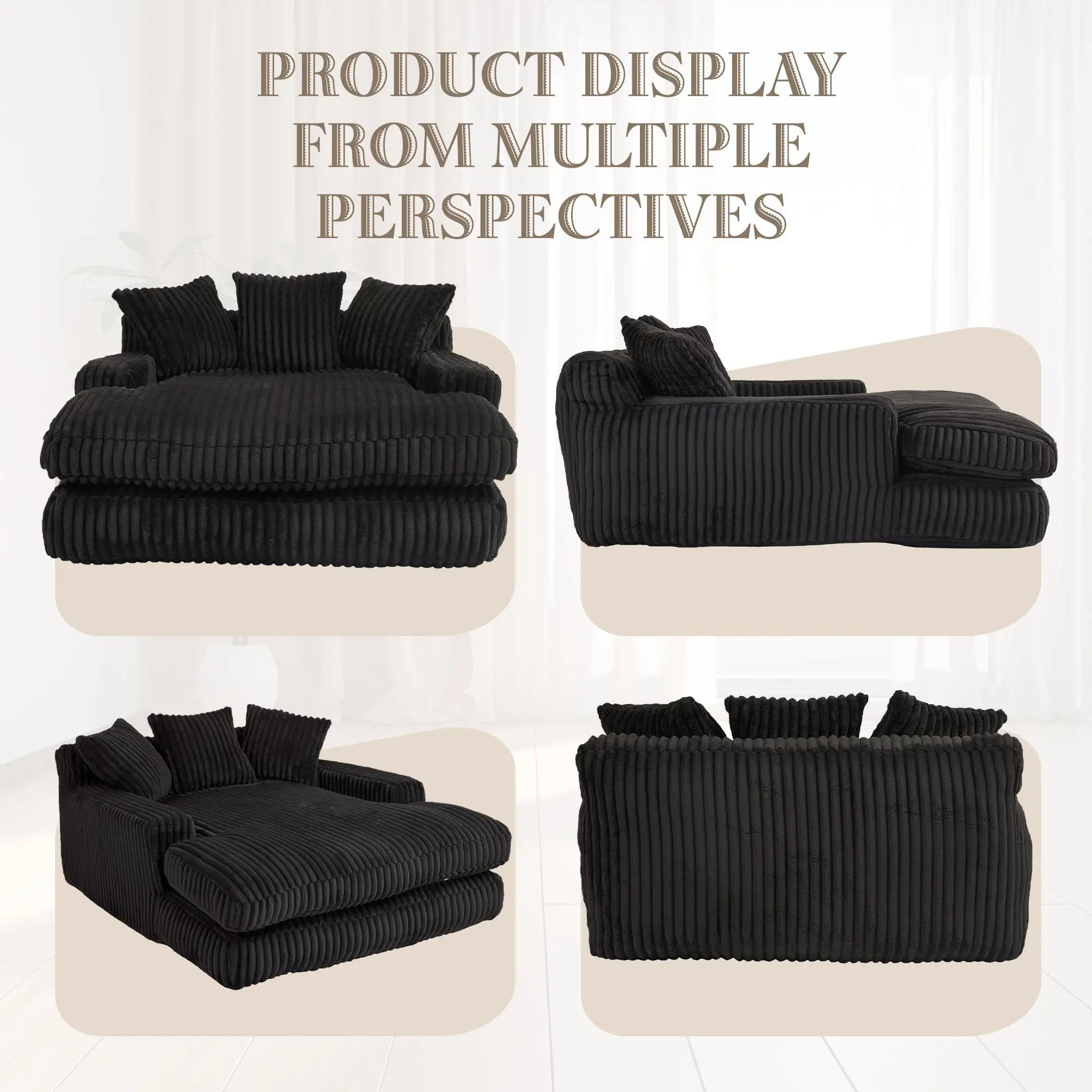 Corduroy Sofa Bed 155 x 125 x 63cm - Black - 8
