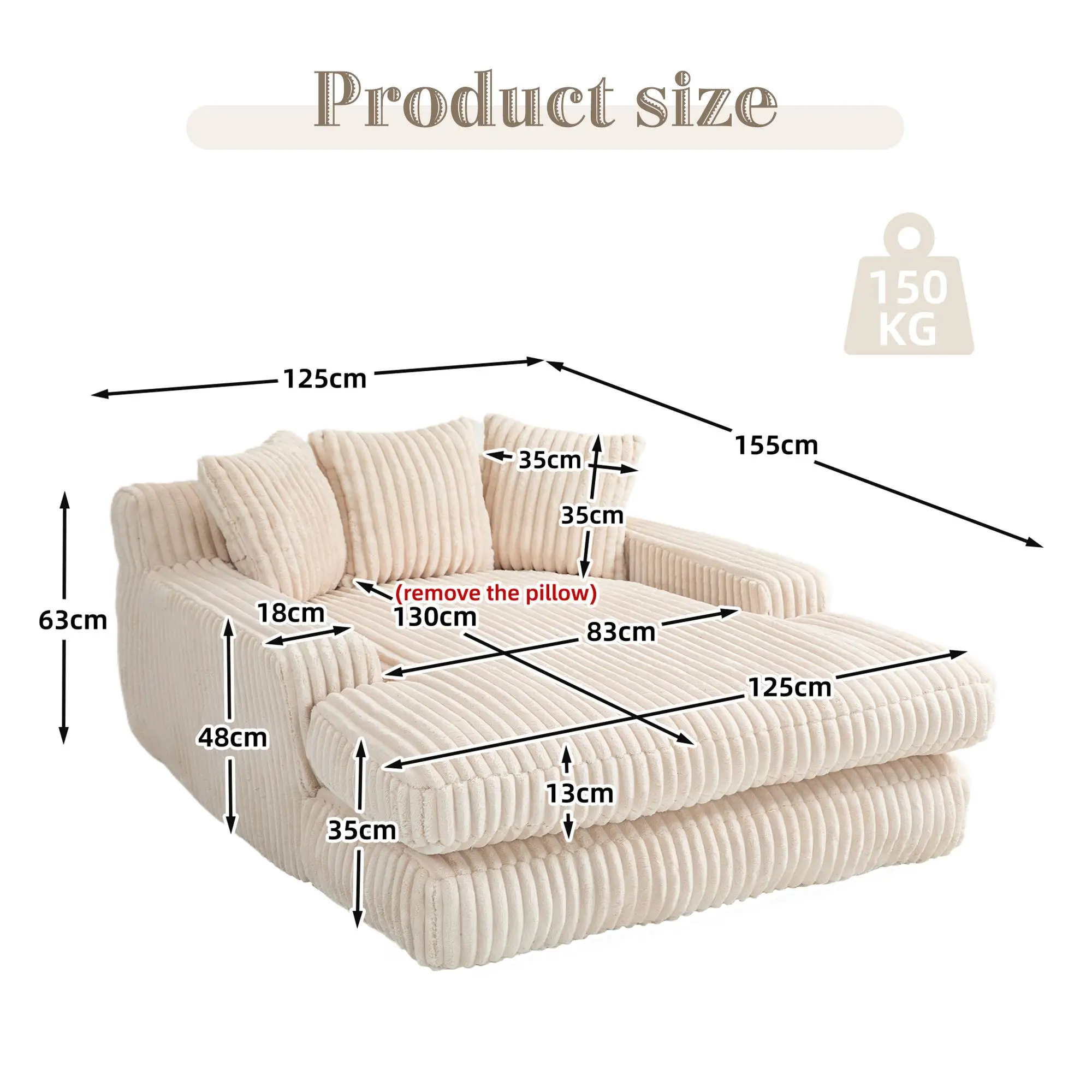 Corduroy Sofa Bed 155 x 125 x 63cm - Beige - 3