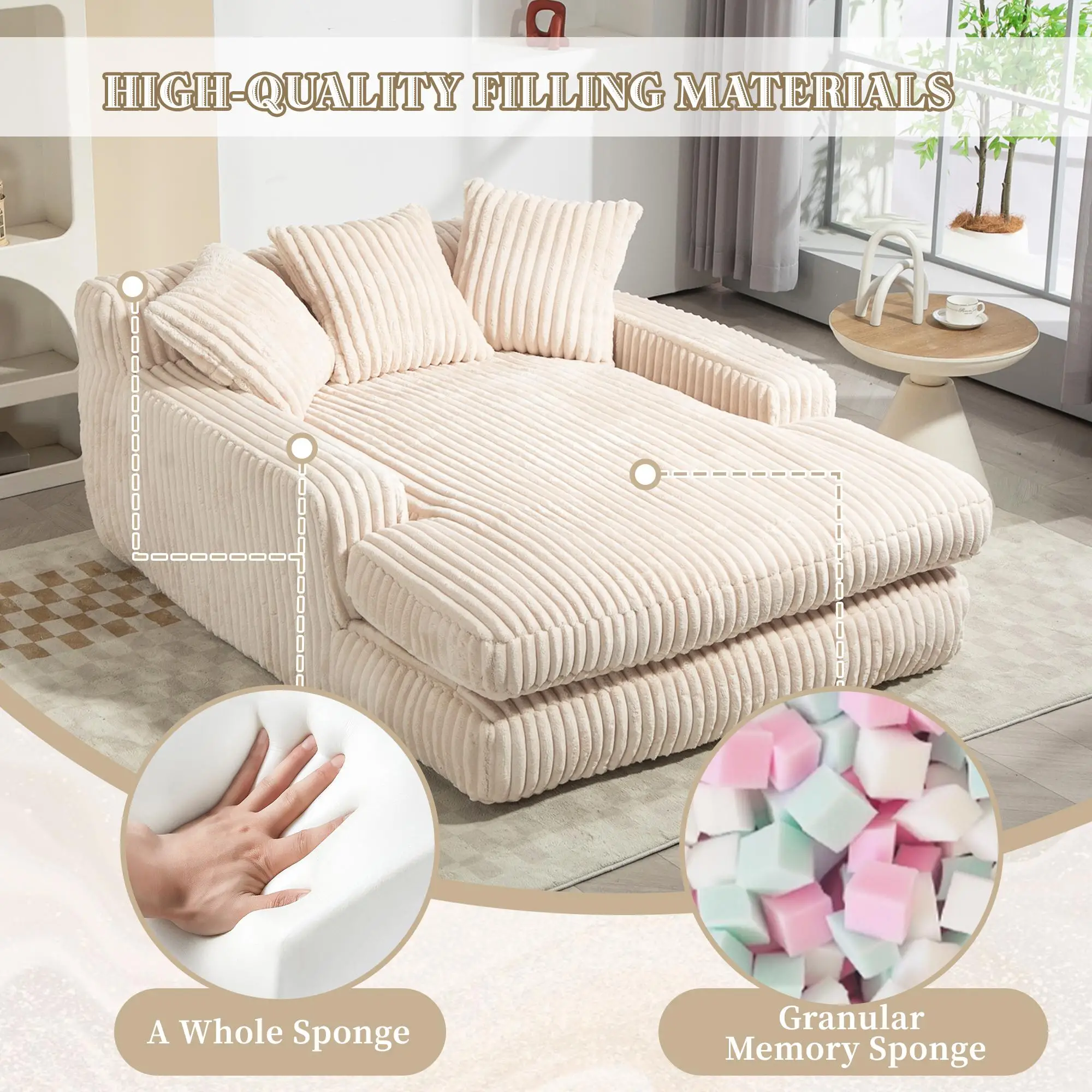 Corduroy Sofa Bed 155 x 125 x 63cm - Beige - 4
