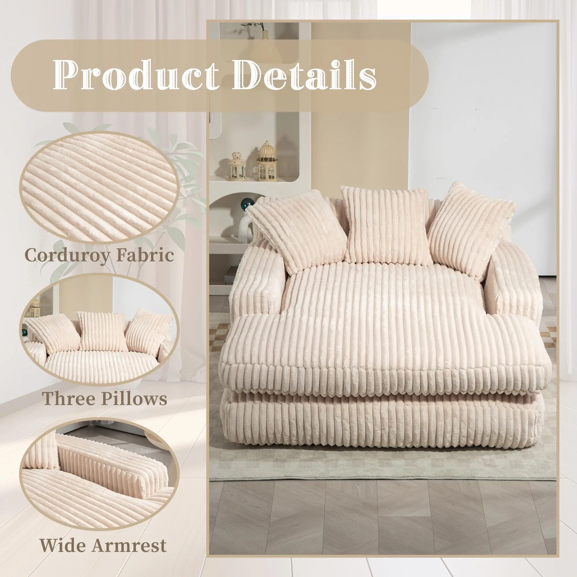 Corduroy Sofa Bed 155 x 125 x 63cm - Beige - 5