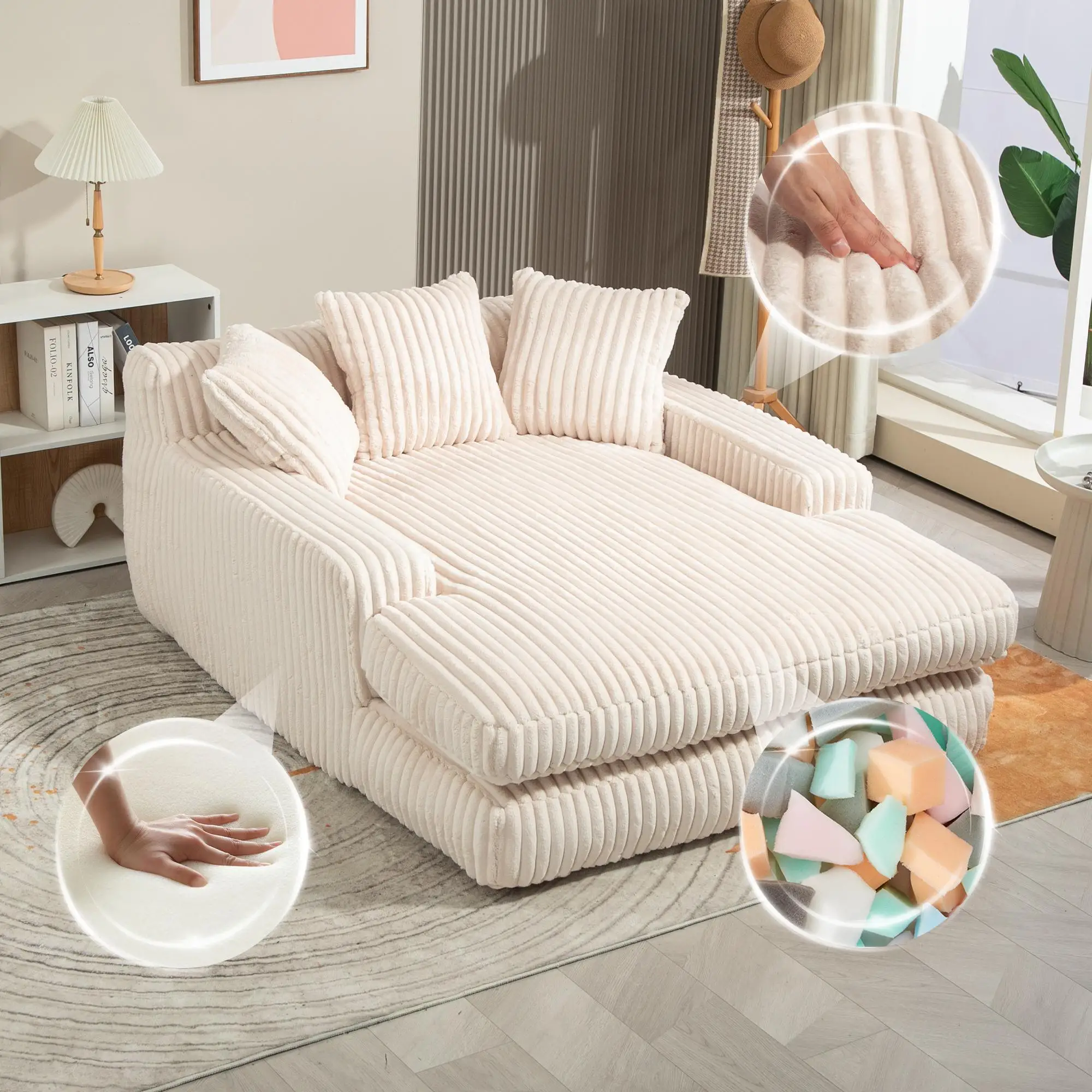Corduroy Sofa Bed 155 x 125 x 63cm - Beige - 10