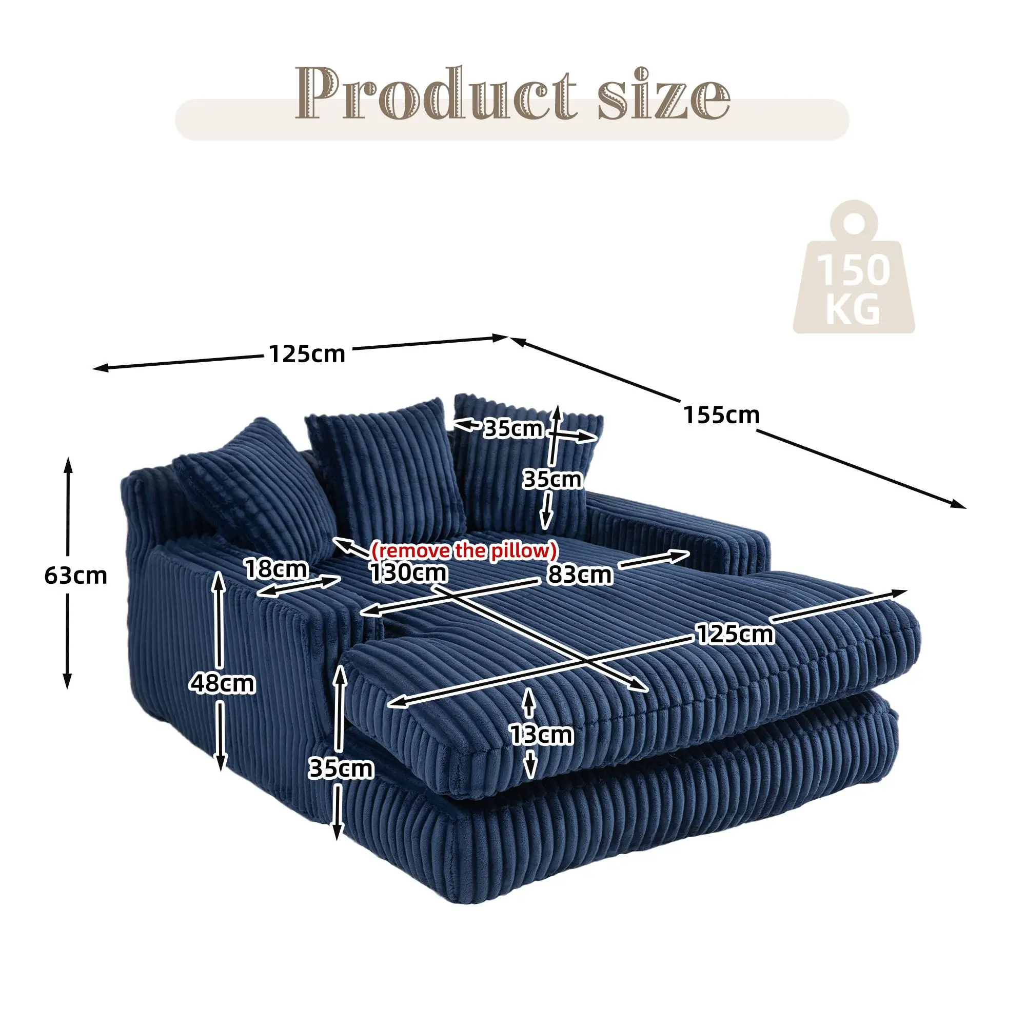 Corduroy Sofa Bed 155 x 125 x 63cm - Navy - 3
