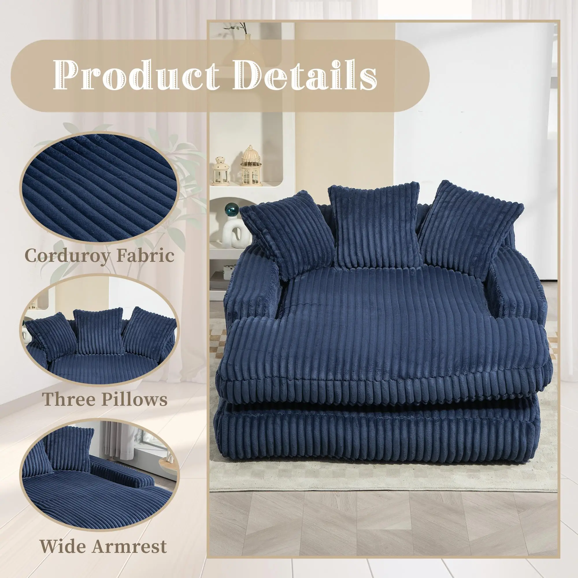 Corduroy Sofa Bed 155 x 125 x 63cm - Navy - 4