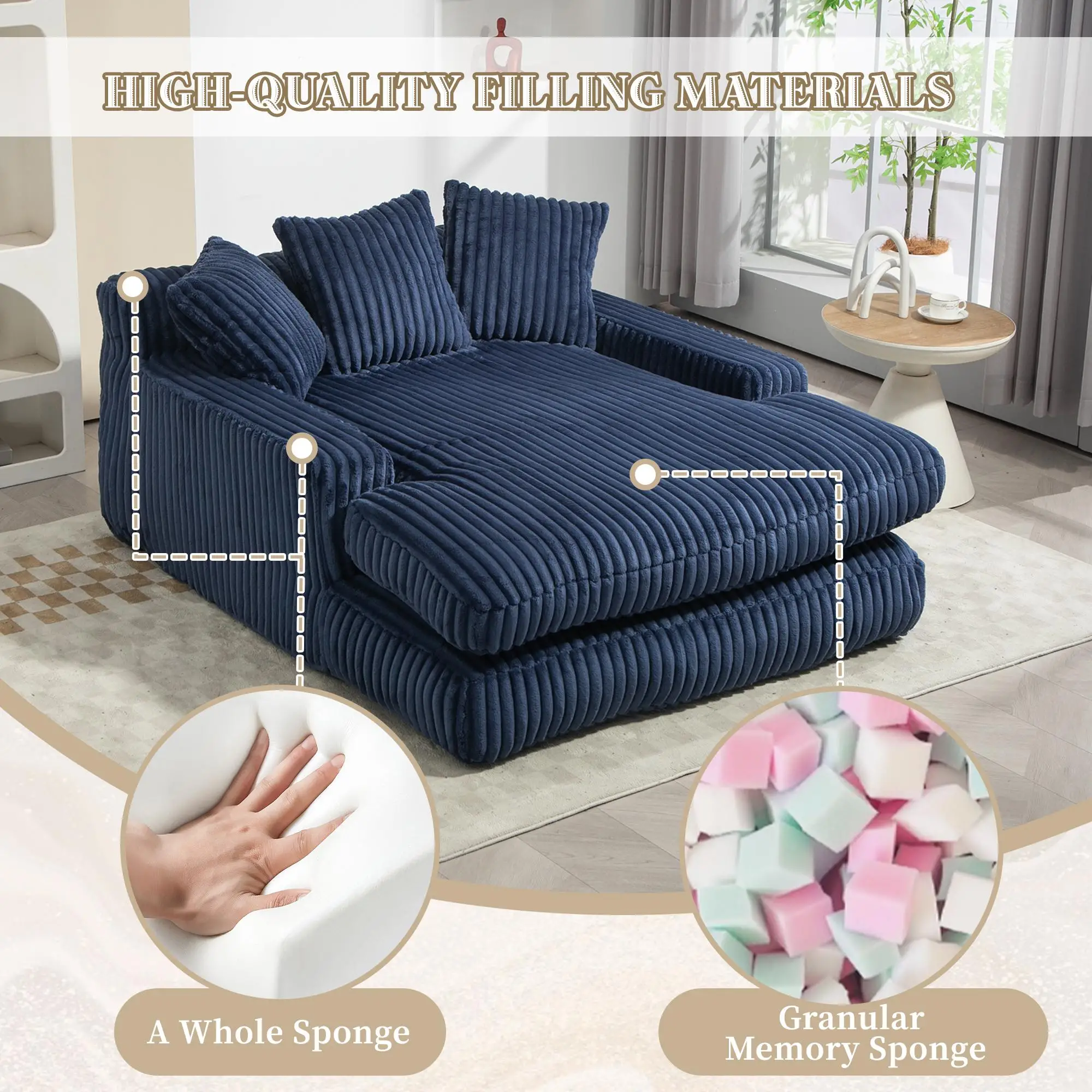 Corduroy Sofa Bed 155 x 125 x 63cm - Navy - 6