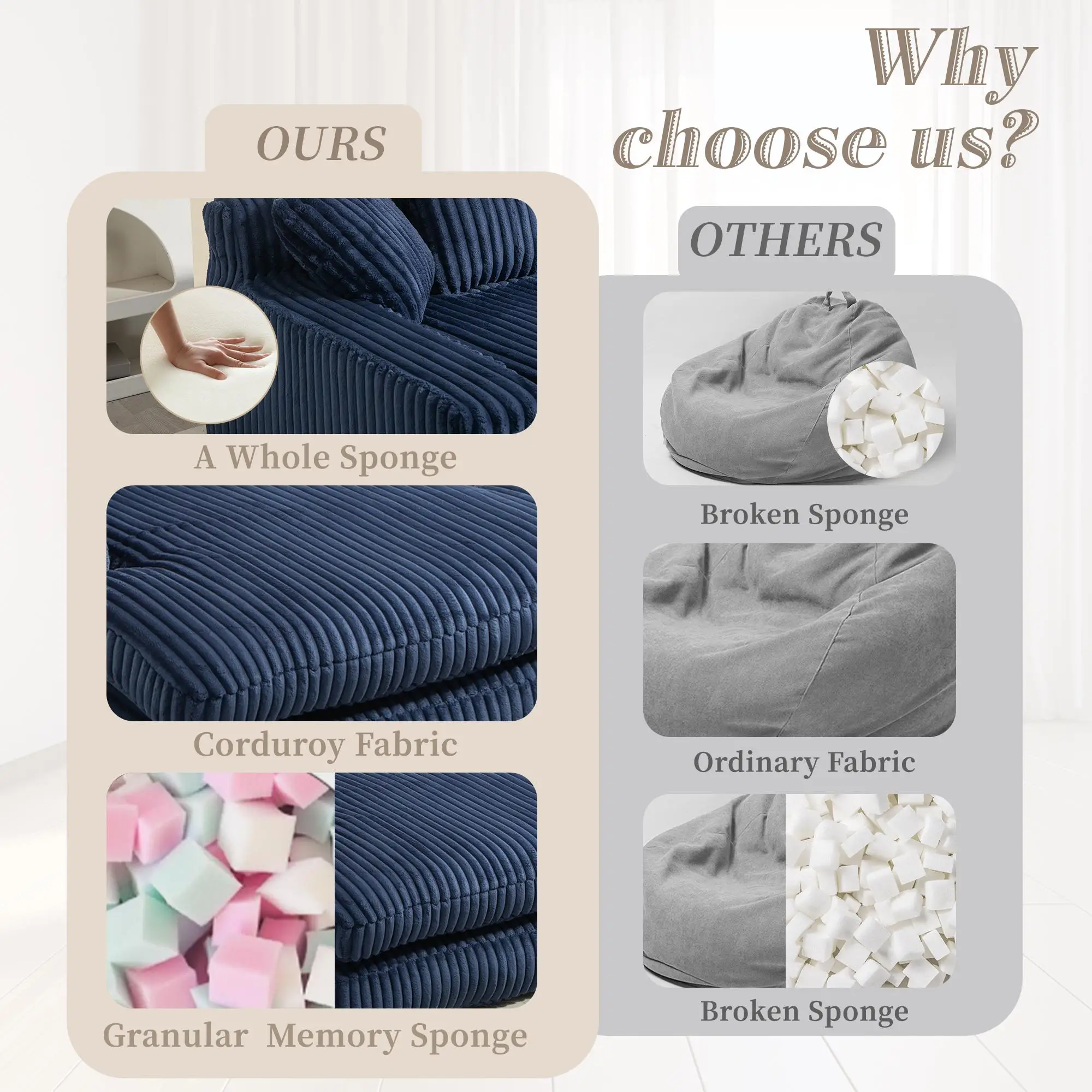 Corduroy Sofa Bed 155 x 125 x 63cm - Navy - 7