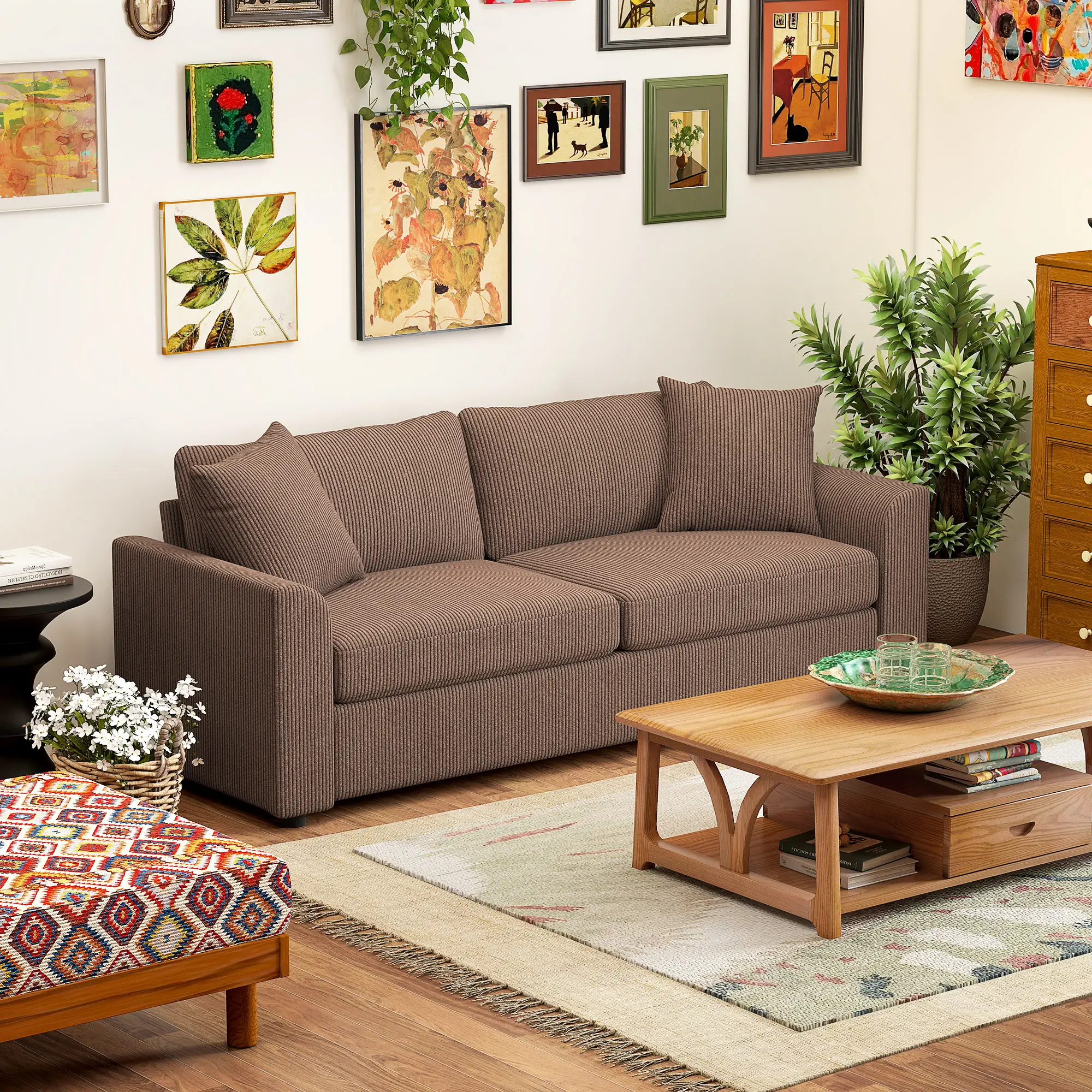3 Seater Corduroy Sofa 212 x 80 x 88cm - Coffee - 2