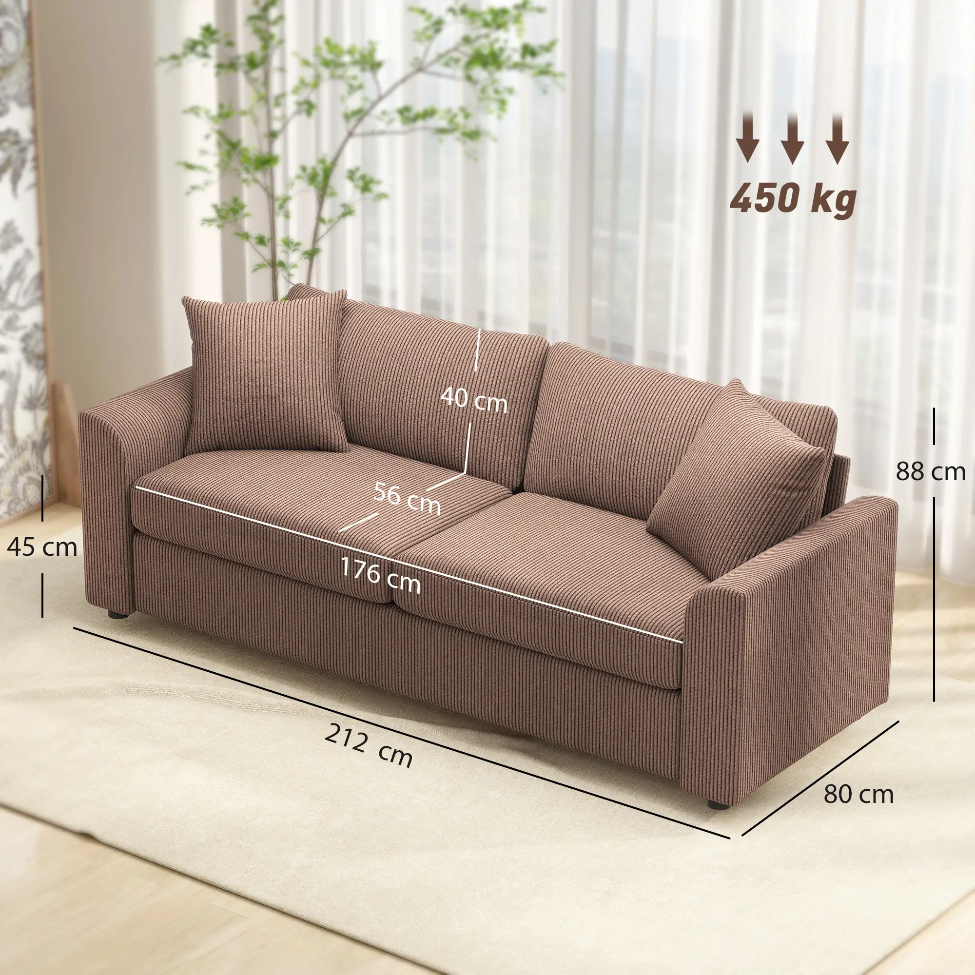 3 Seater Corduroy Sofa 212 x 80 x 88cm - Coffee - 3