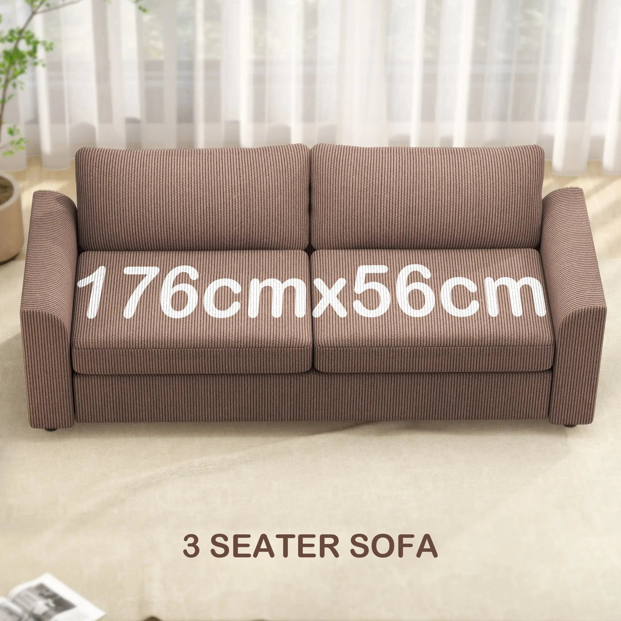 3 Seater Corduroy Sofa 212 x 80 x 88cm - Coffee - 4