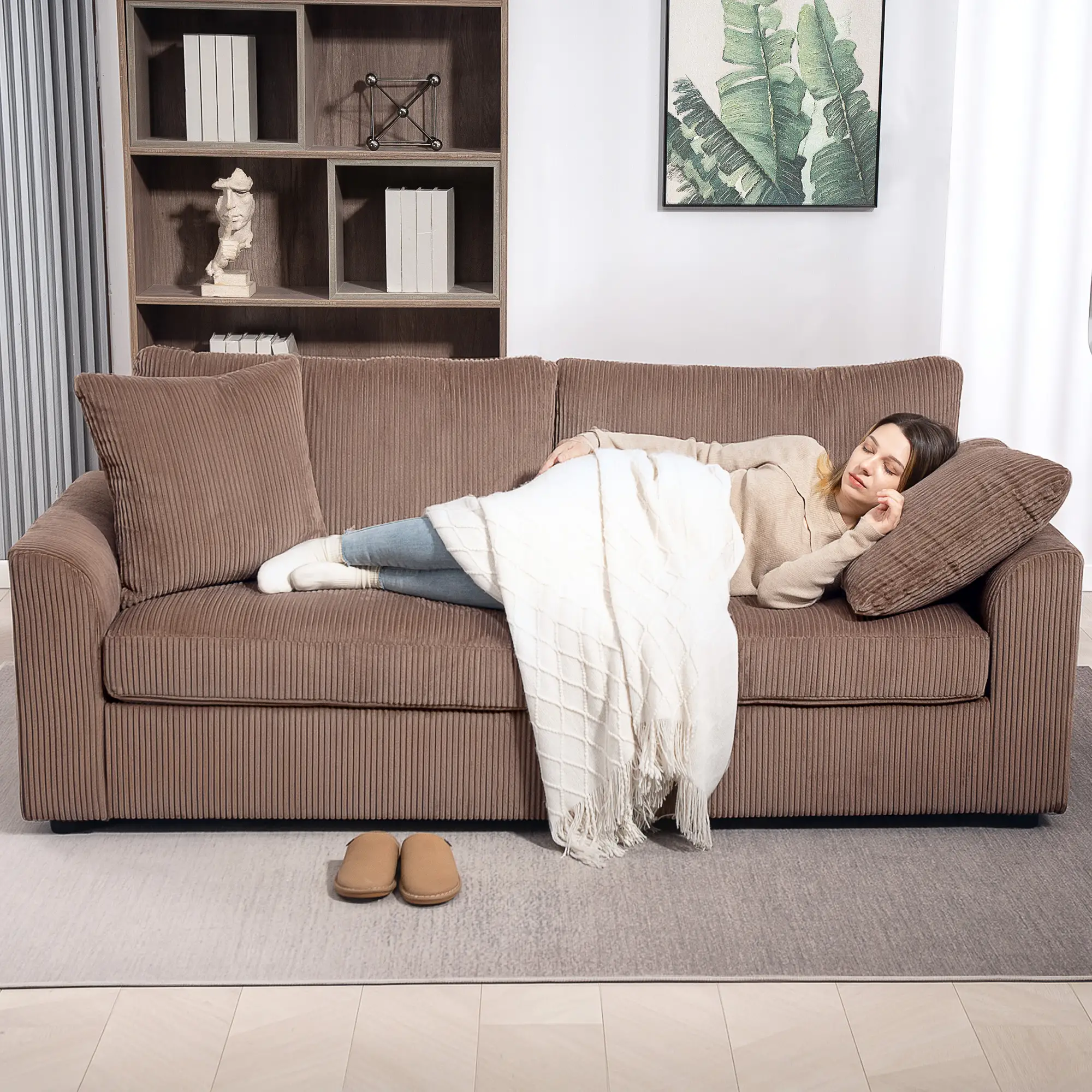 3 Seater Corduroy Sofa 212 x 80 x 88cm - Coffee - 7