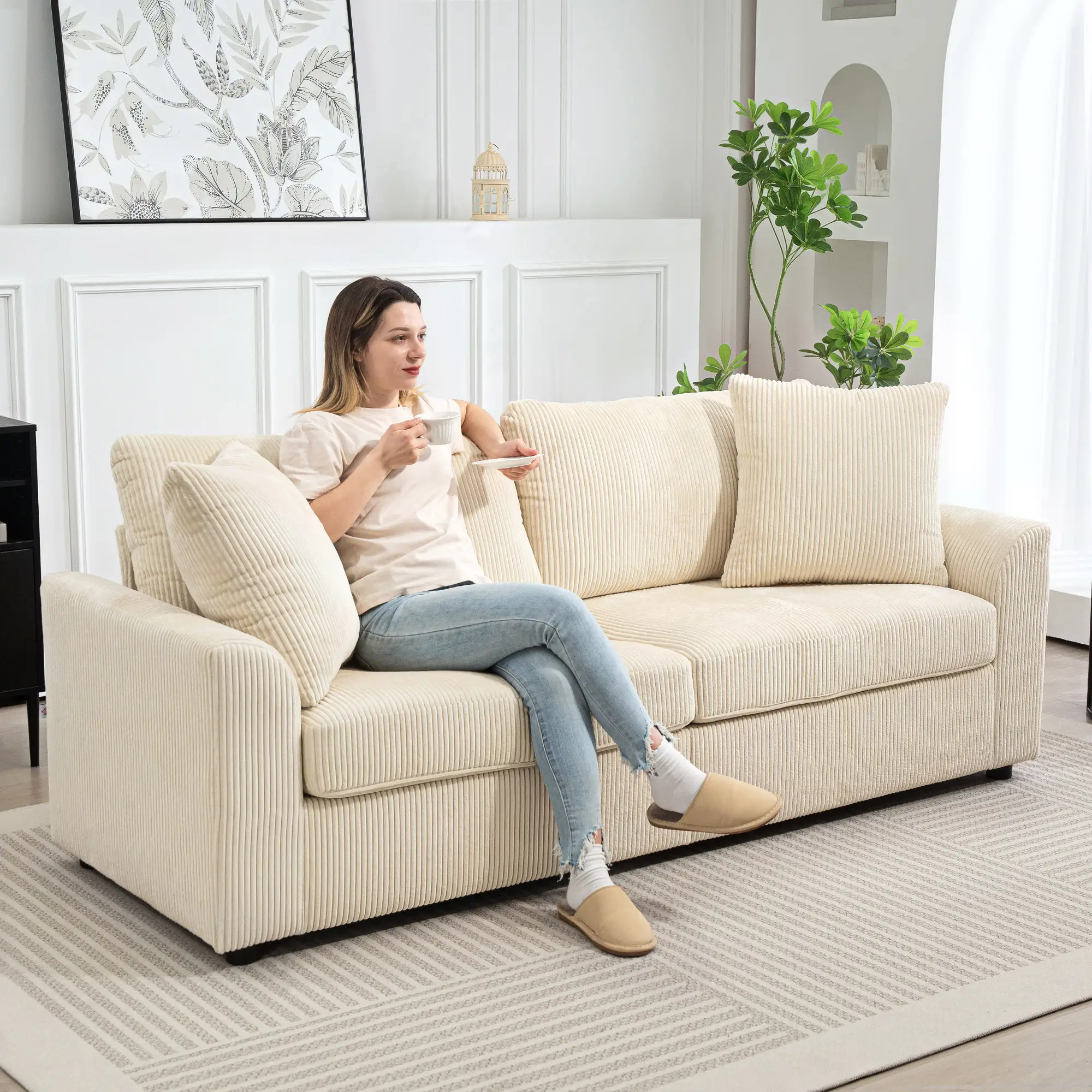 3 Seater Corduroy Sofa 212 x 80 x 88cm - Cream White - 2