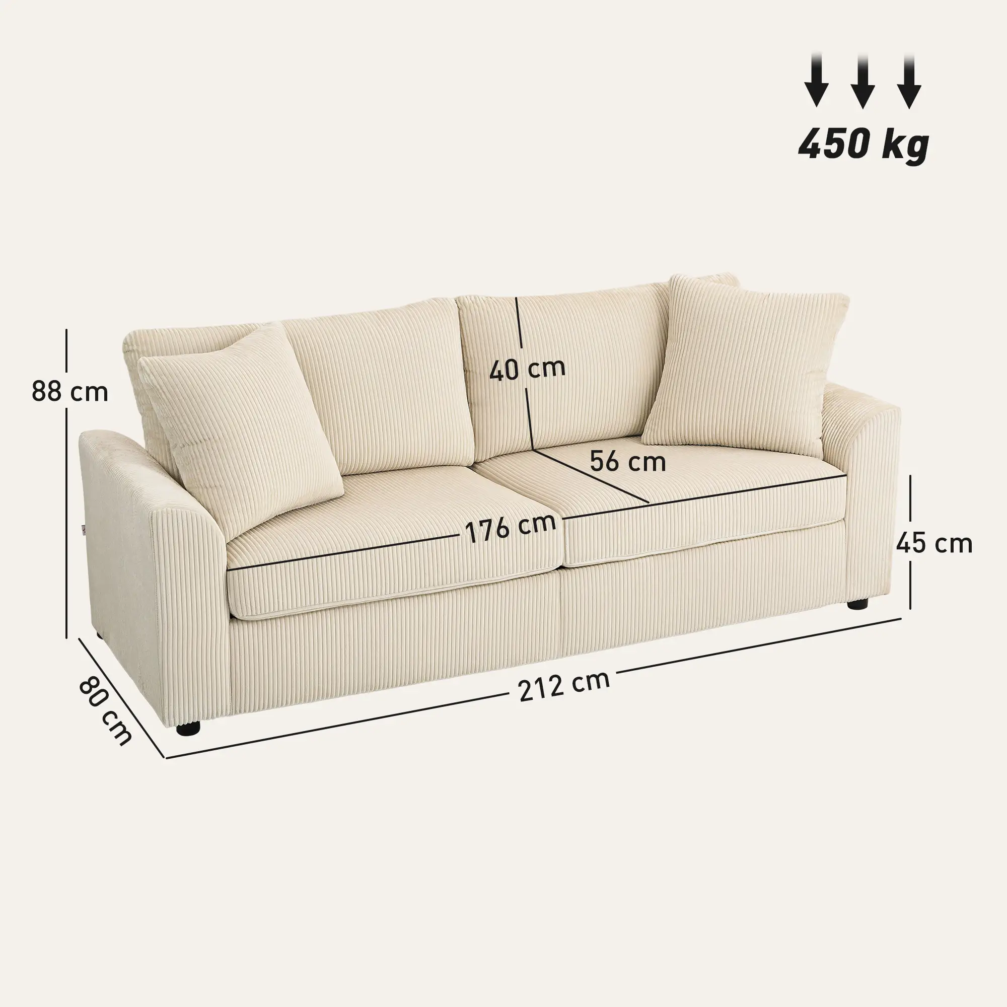 3 Seater Corduroy Sofa 212 x 80 x 88cm - Cream White - 3