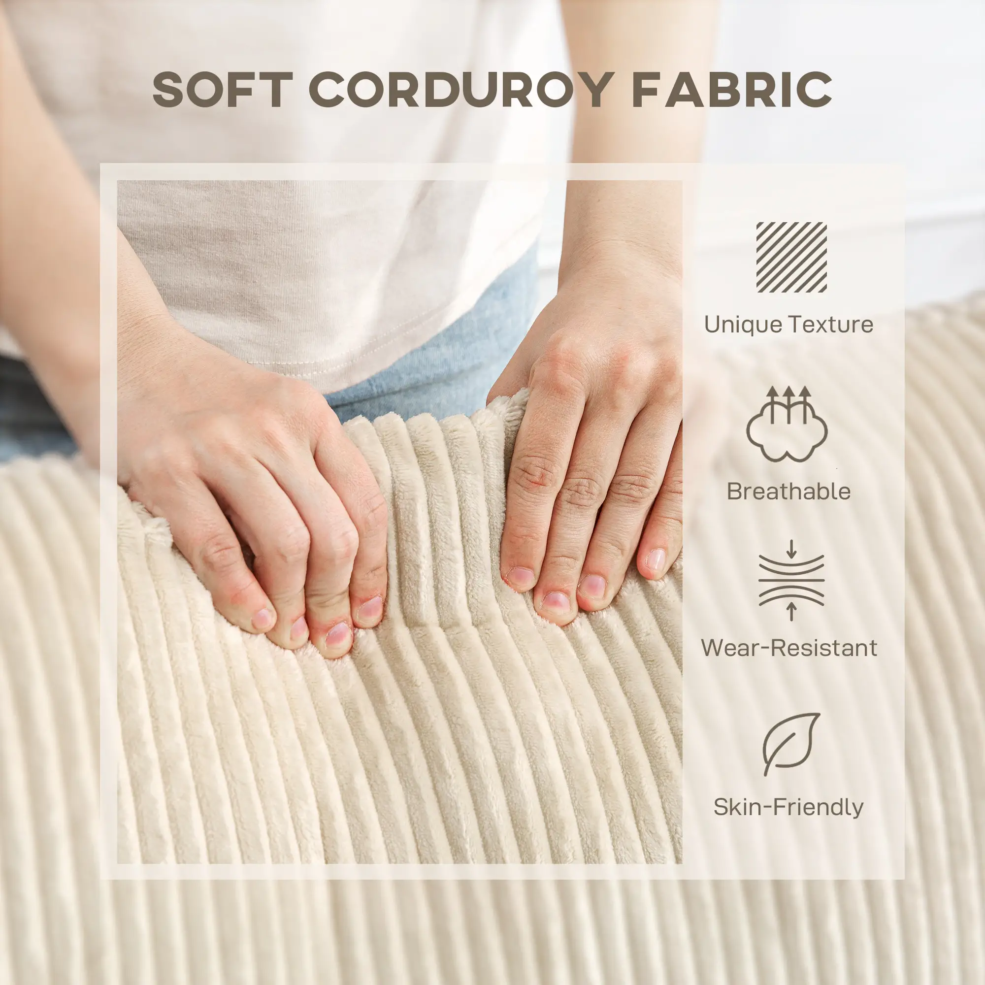 3 Seater Corduroy Sofa 212 x 80 x 88cm - Cream White - 6