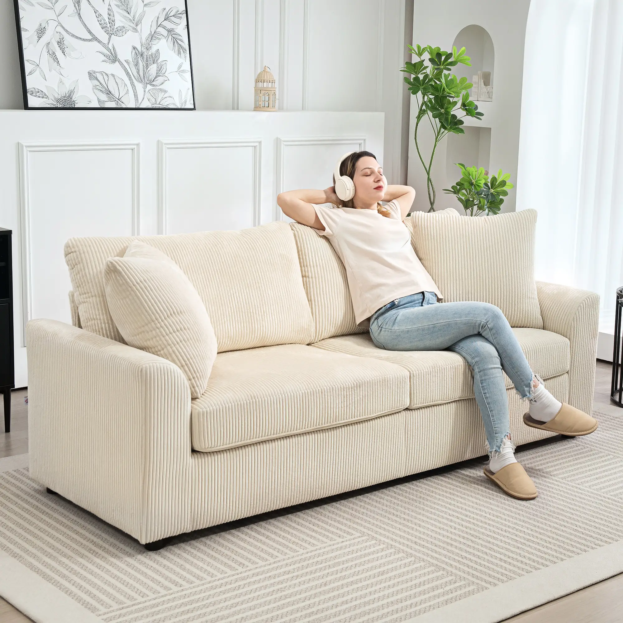 3 Seater Corduroy Sofa 212 x 80 x 88cm - Cream White - 7