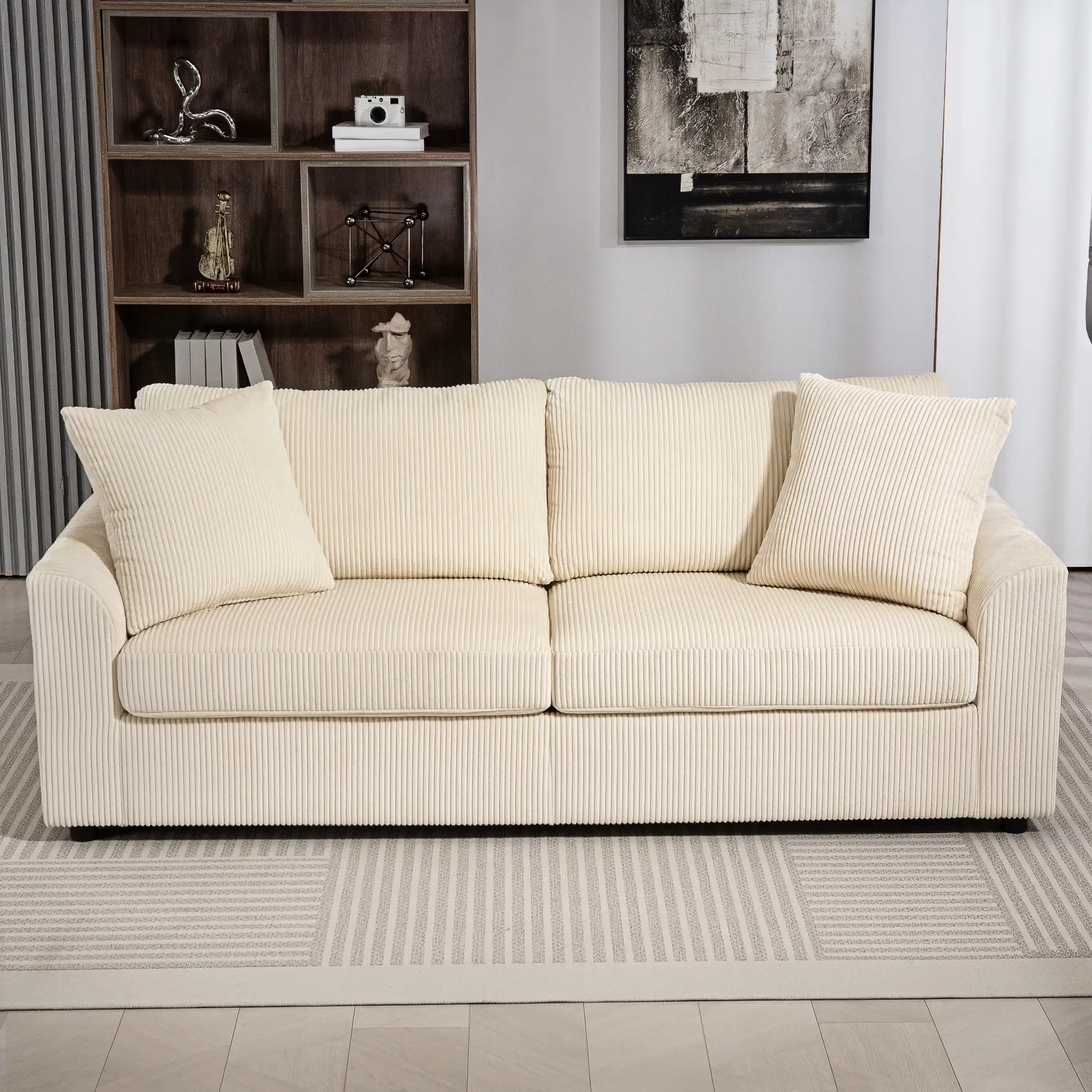 3 Seater Corduroy Sofa 212 x 80 x 88cm - Cream White - 8