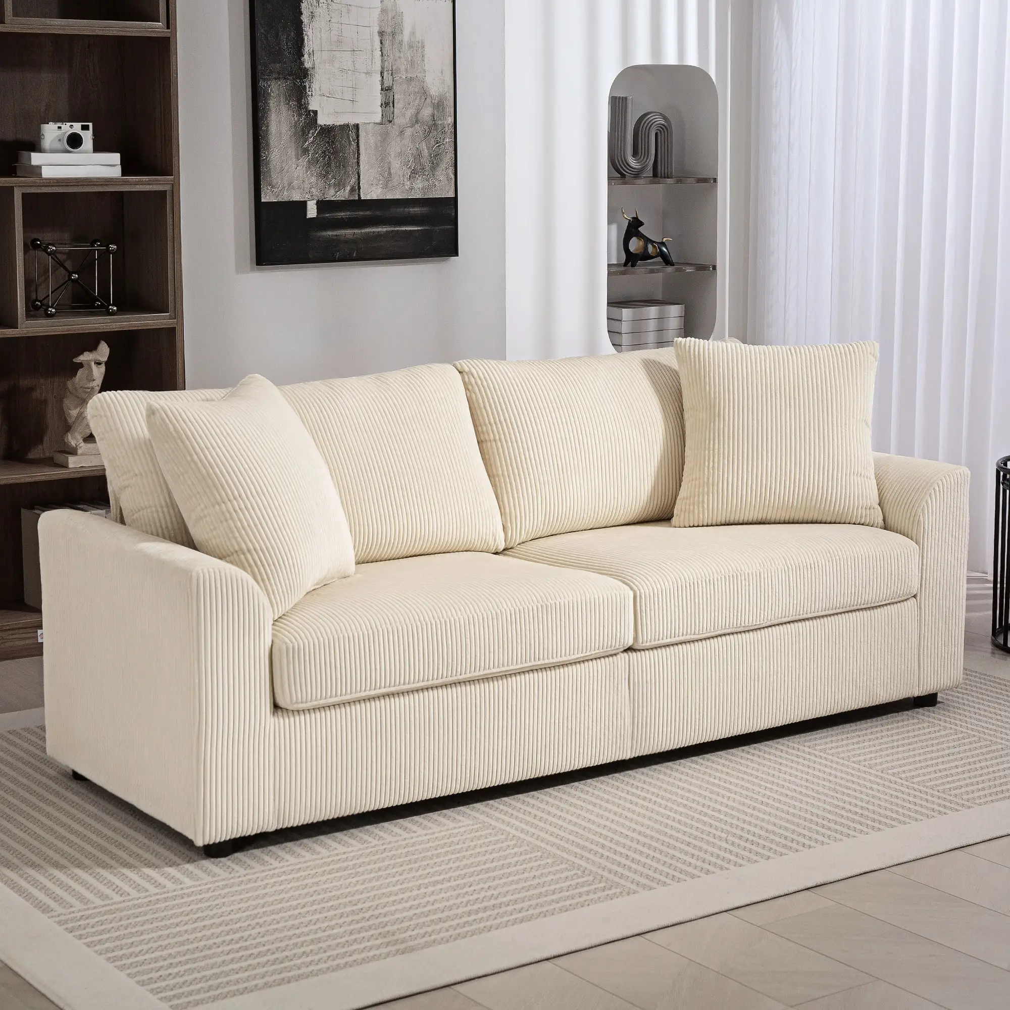 3 Seater Corduroy Sofa 212 x 80 x 88cm - Cream White - 10