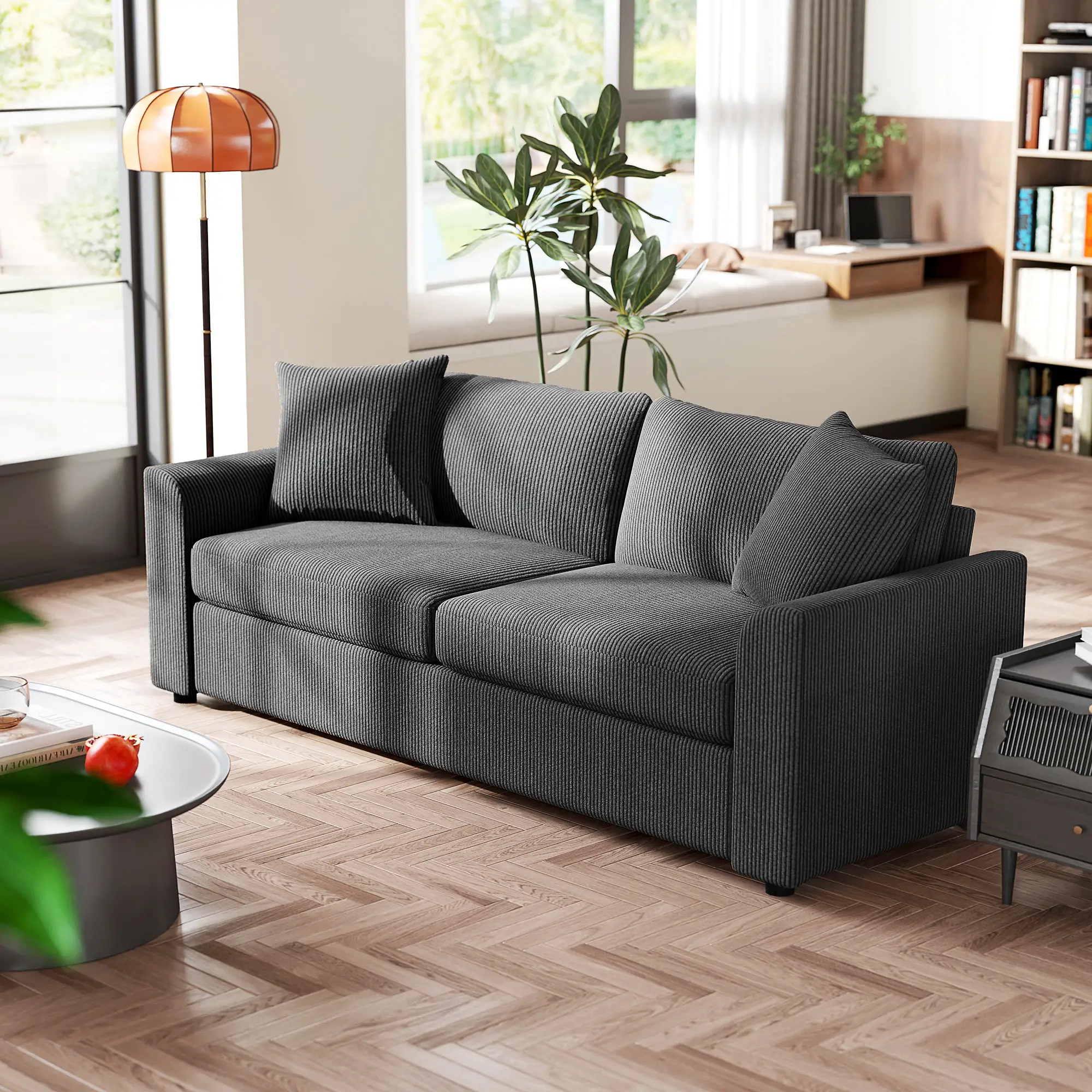 3 Seater Corduroy Sofa 212 x 80 x 88cm - Grey - 2