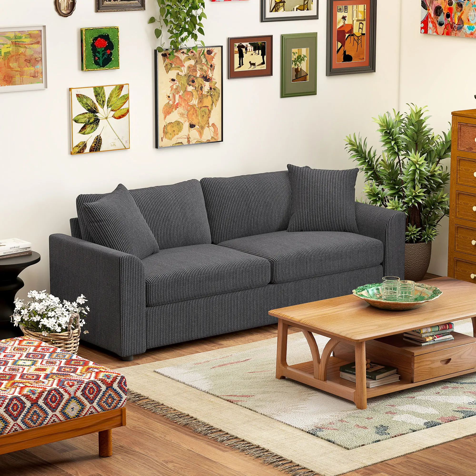 3 Seater Corduroy Sofa 212 x 80 x 88cm - Grey - 3