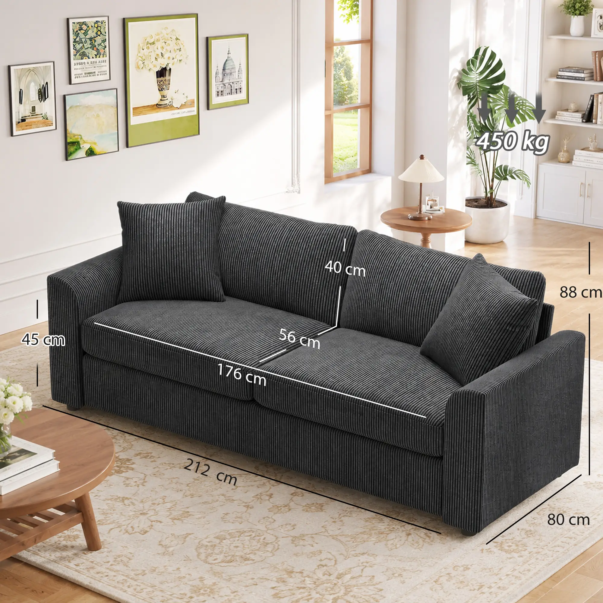 3 Seater Corduroy Sofa 212 x 80 x 88cm - Grey - 4