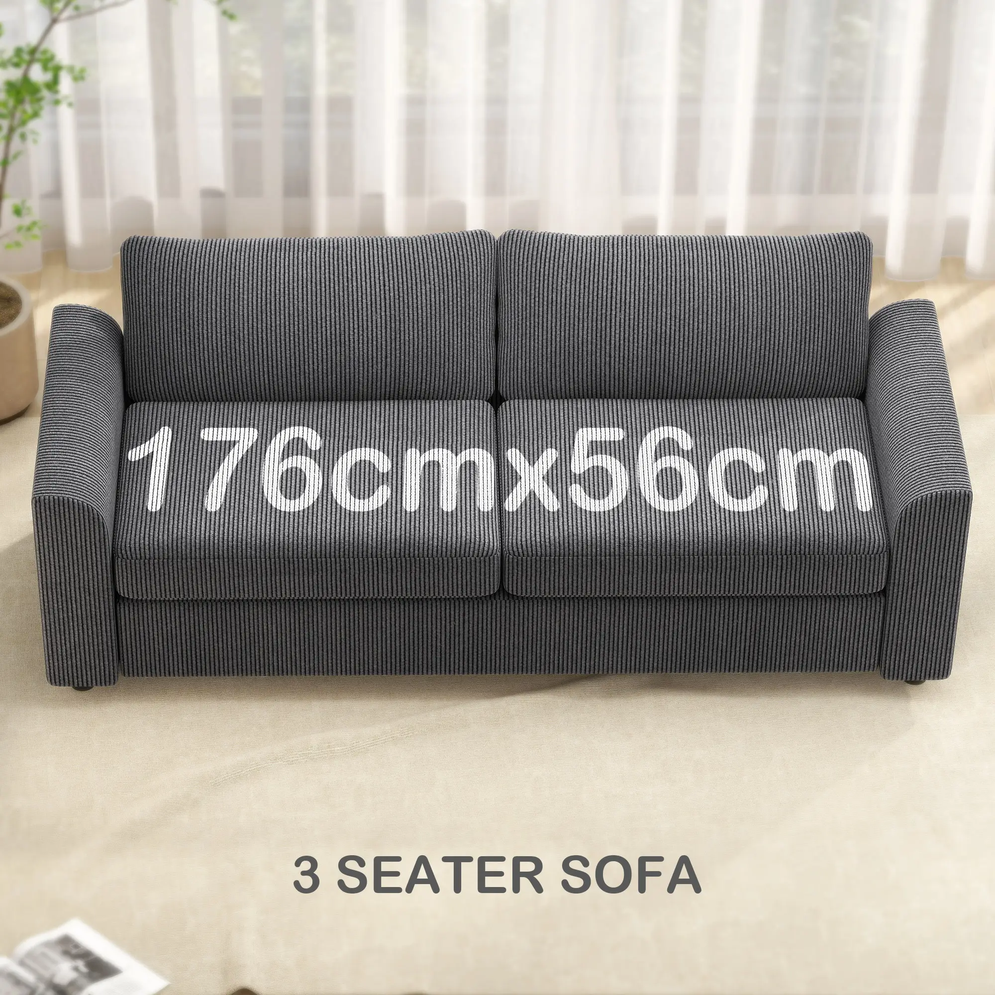3 Seater Corduroy Sofa 212 x 80 x 88cm - Grey - 5