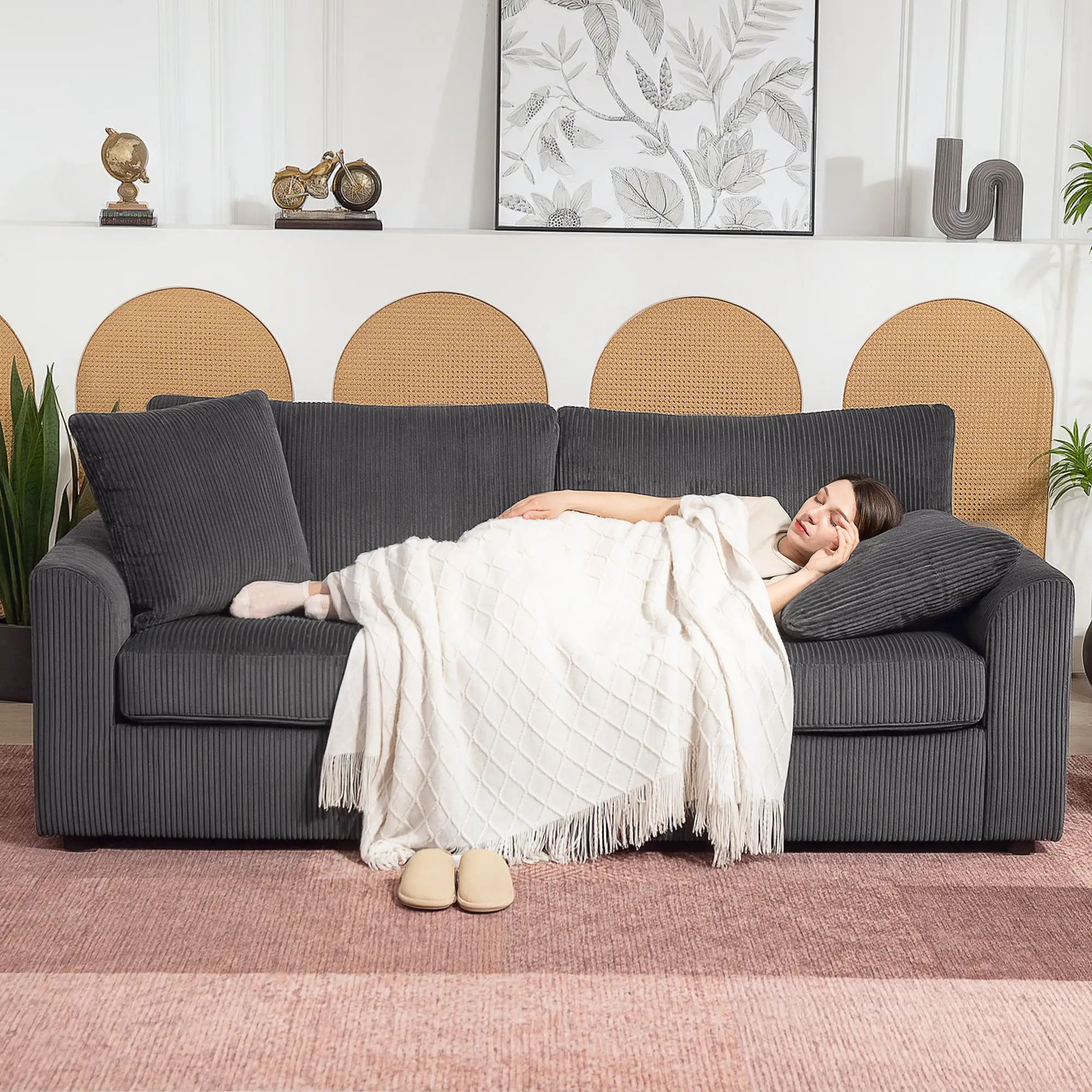 3 Seater Corduroy Sofa 212 x 80 x 88cm - Grey - 8