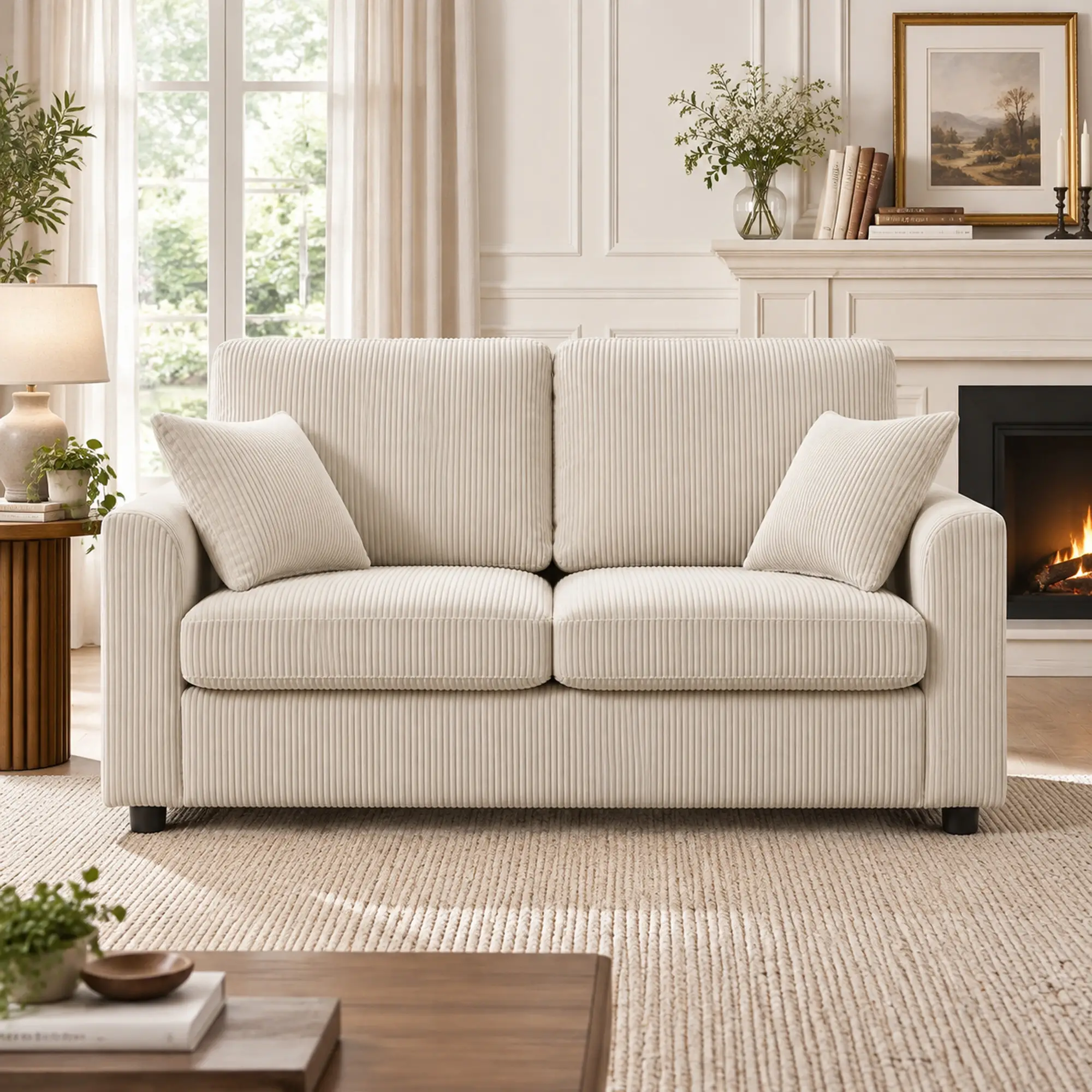 2 Seater Corduroy Sofa 144 x 76 x 89cm - Beige - 2
