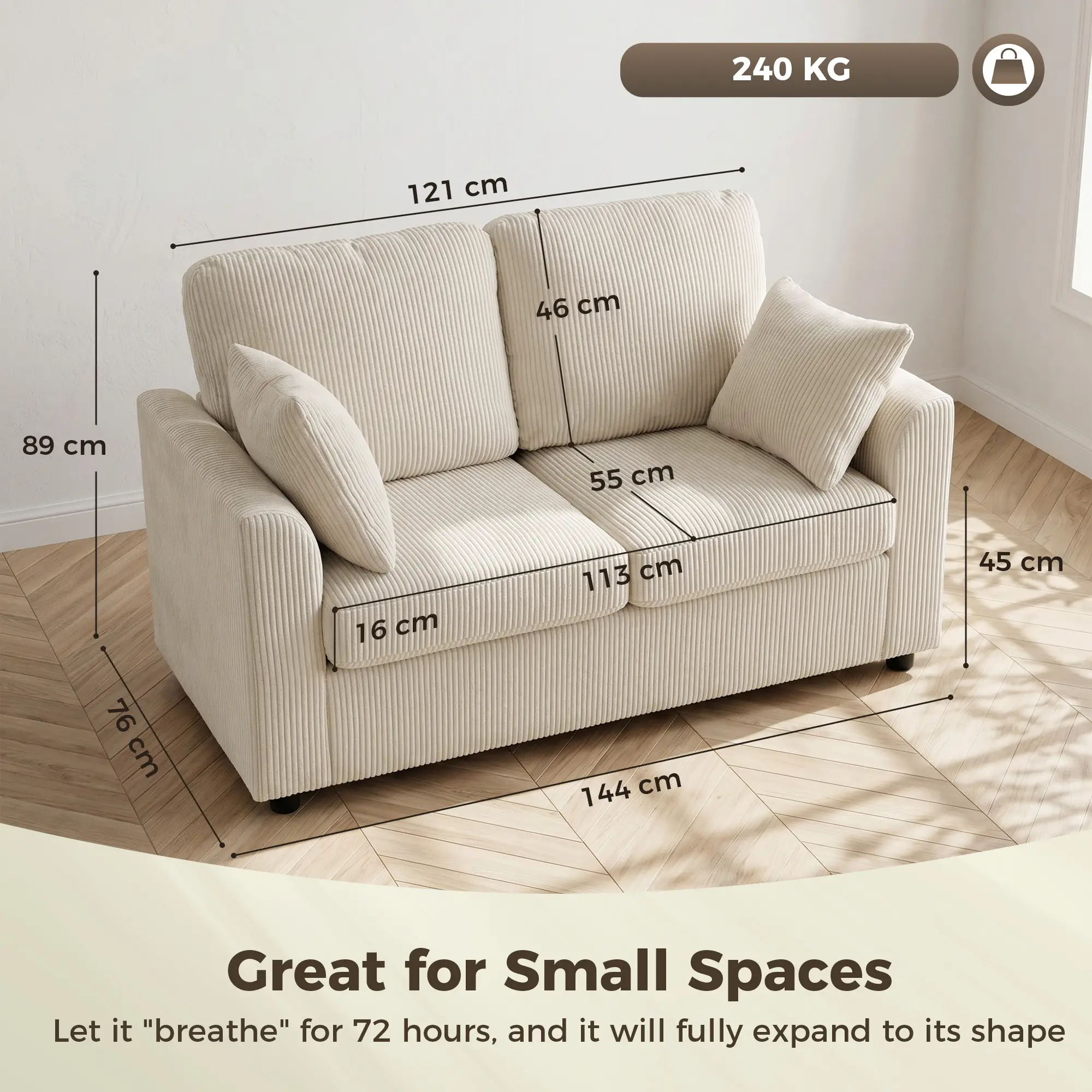 2 Seater Corduroy Sofa 144 x 76 x 89cm - Beige - 3