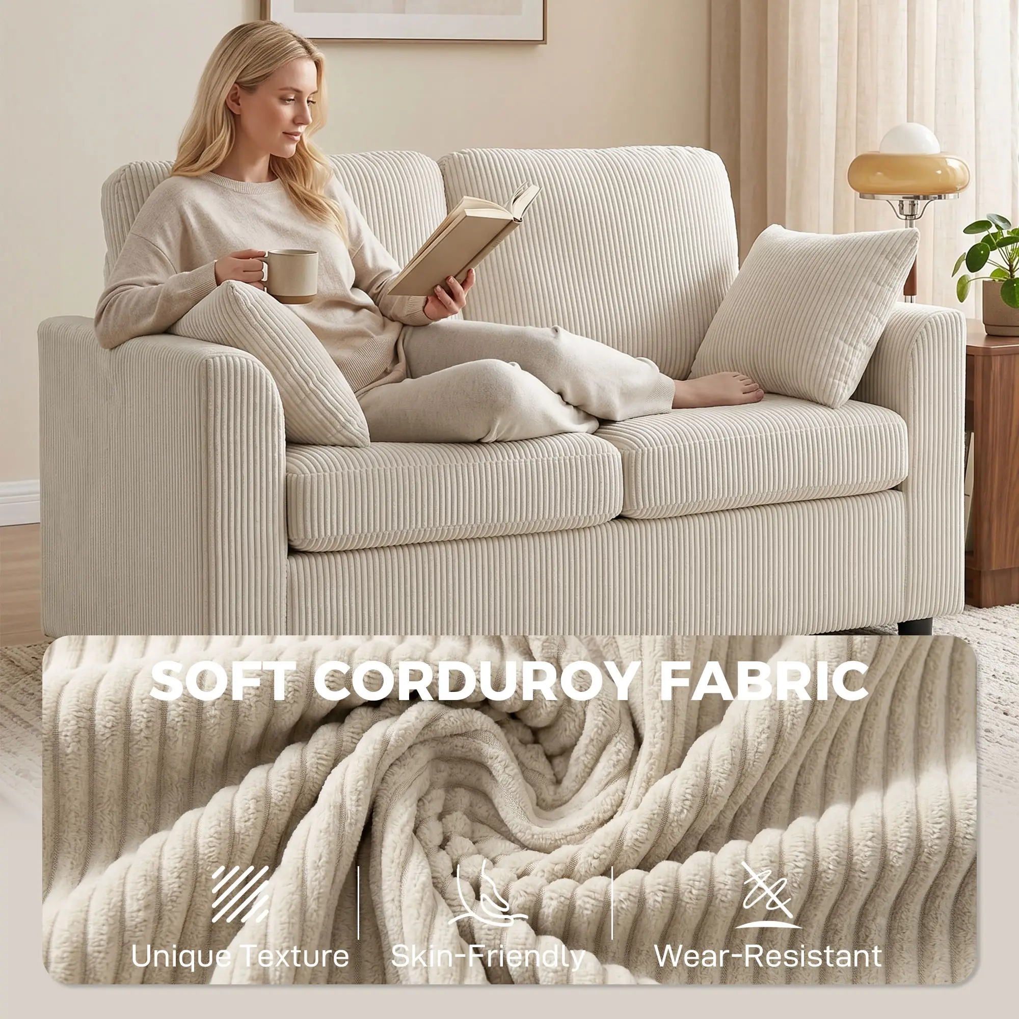2 Seater Corduroy Sofa 144 x 76 x 89cm - Beige - 4
