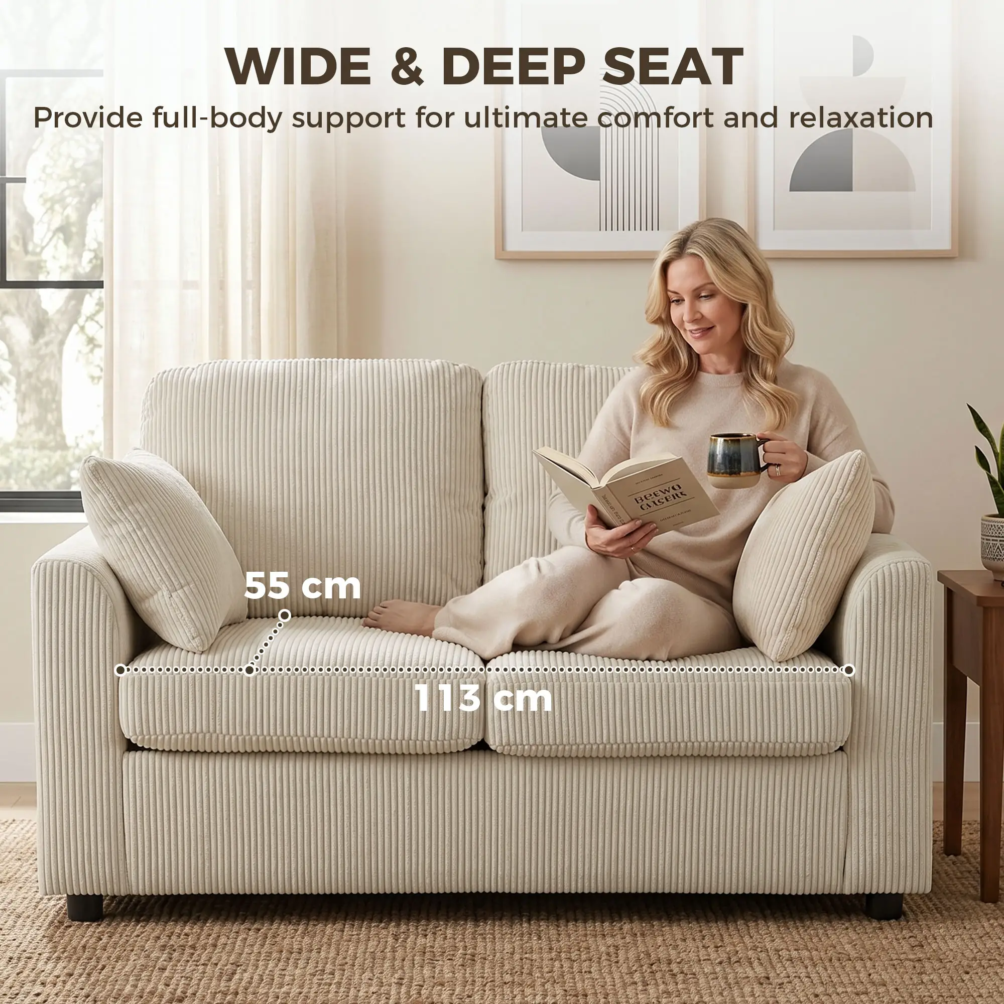 2 Seater Corduroy Sofa 144 x 76 x 89cm - Beige - 6
