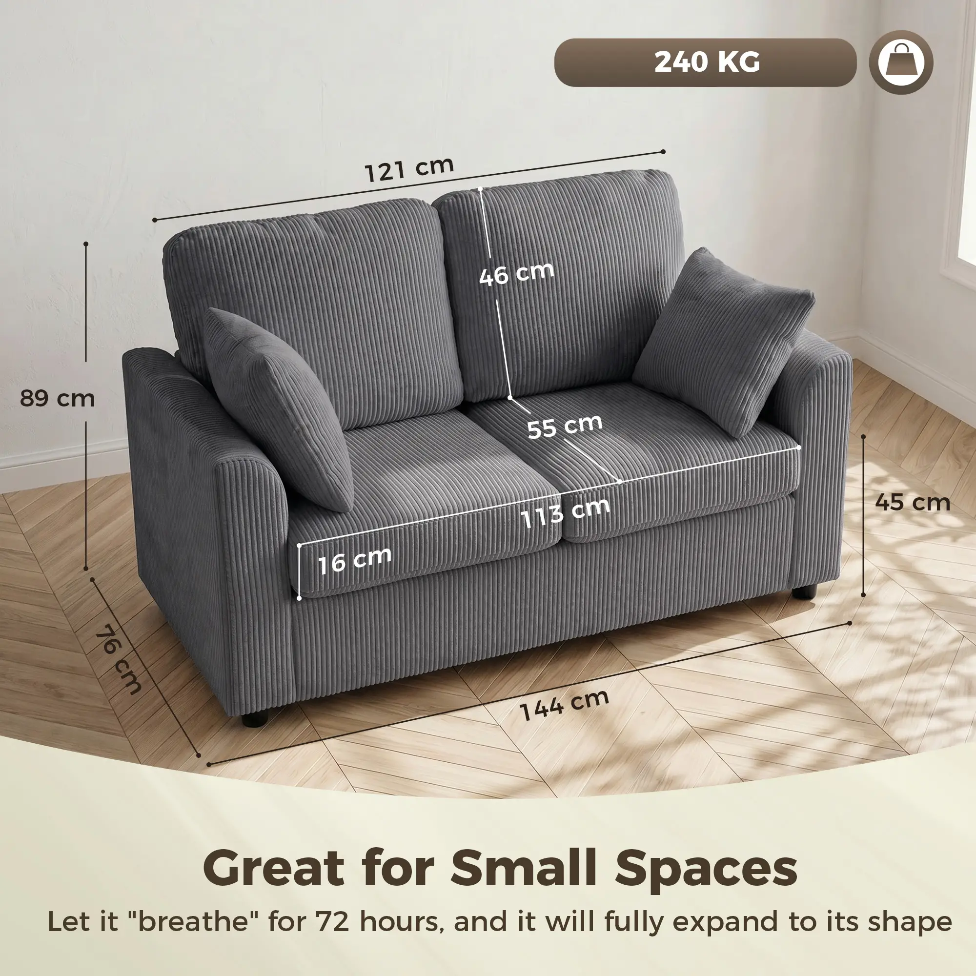 2 Seater Corduroy Sofa 144 x 76 x 89cm - Dark Grey - 3