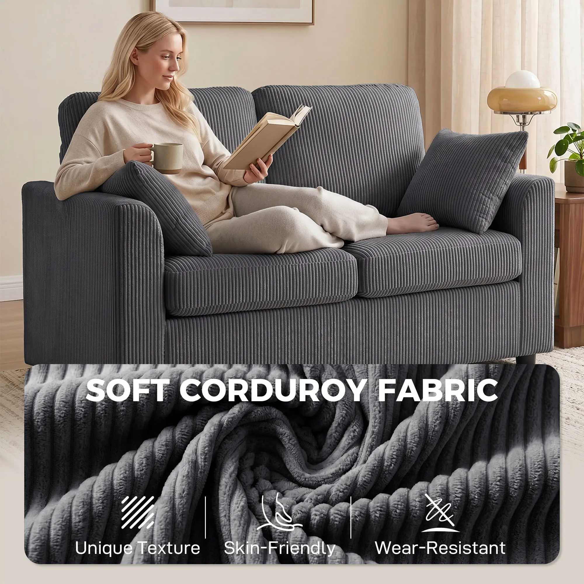 2 Seater Corduroy Sofa 144 x 76 x 89cm - Dark Grey - 4