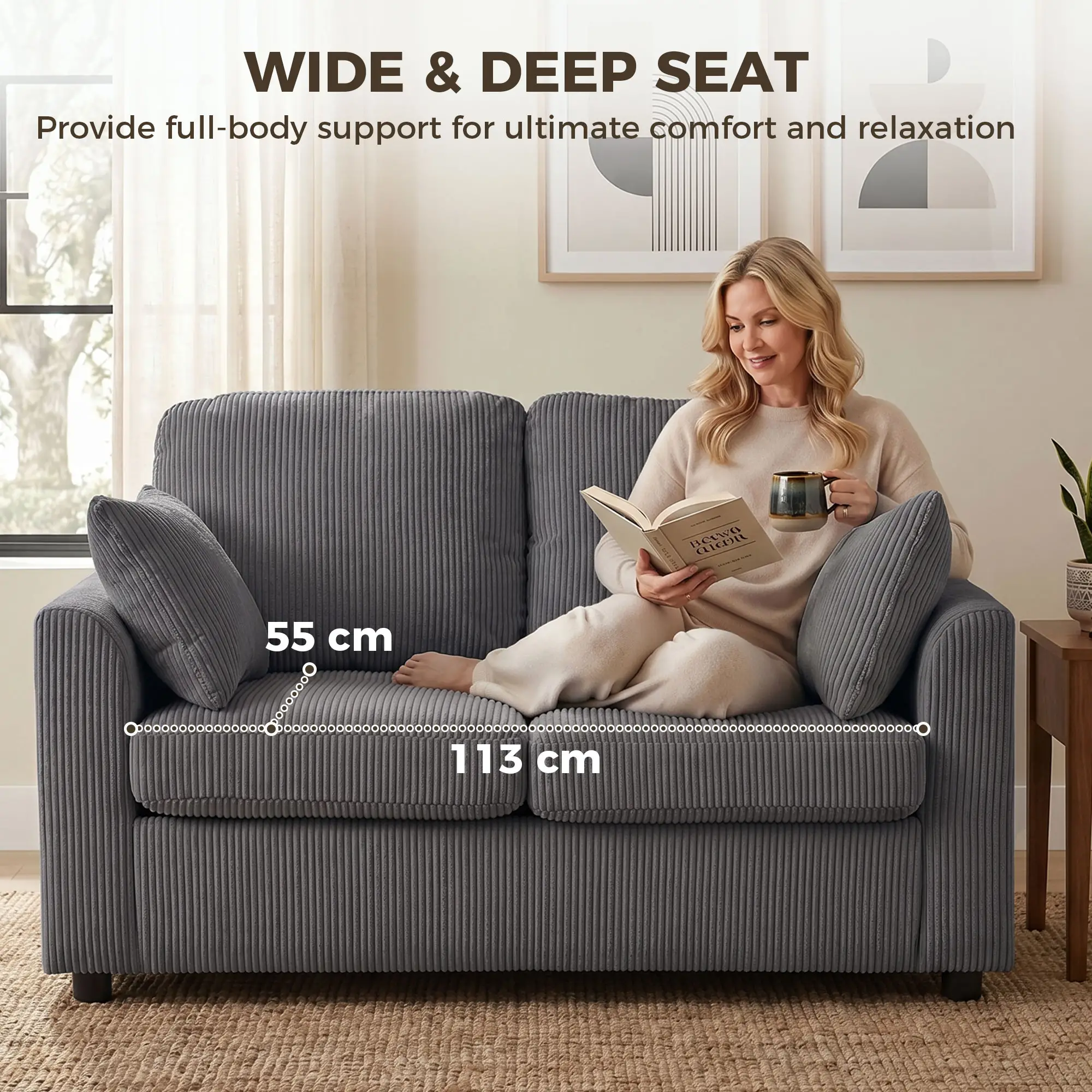 2 Seater Corduroy Sofa 144 x 76 x 89cm - Dark Grey - 6