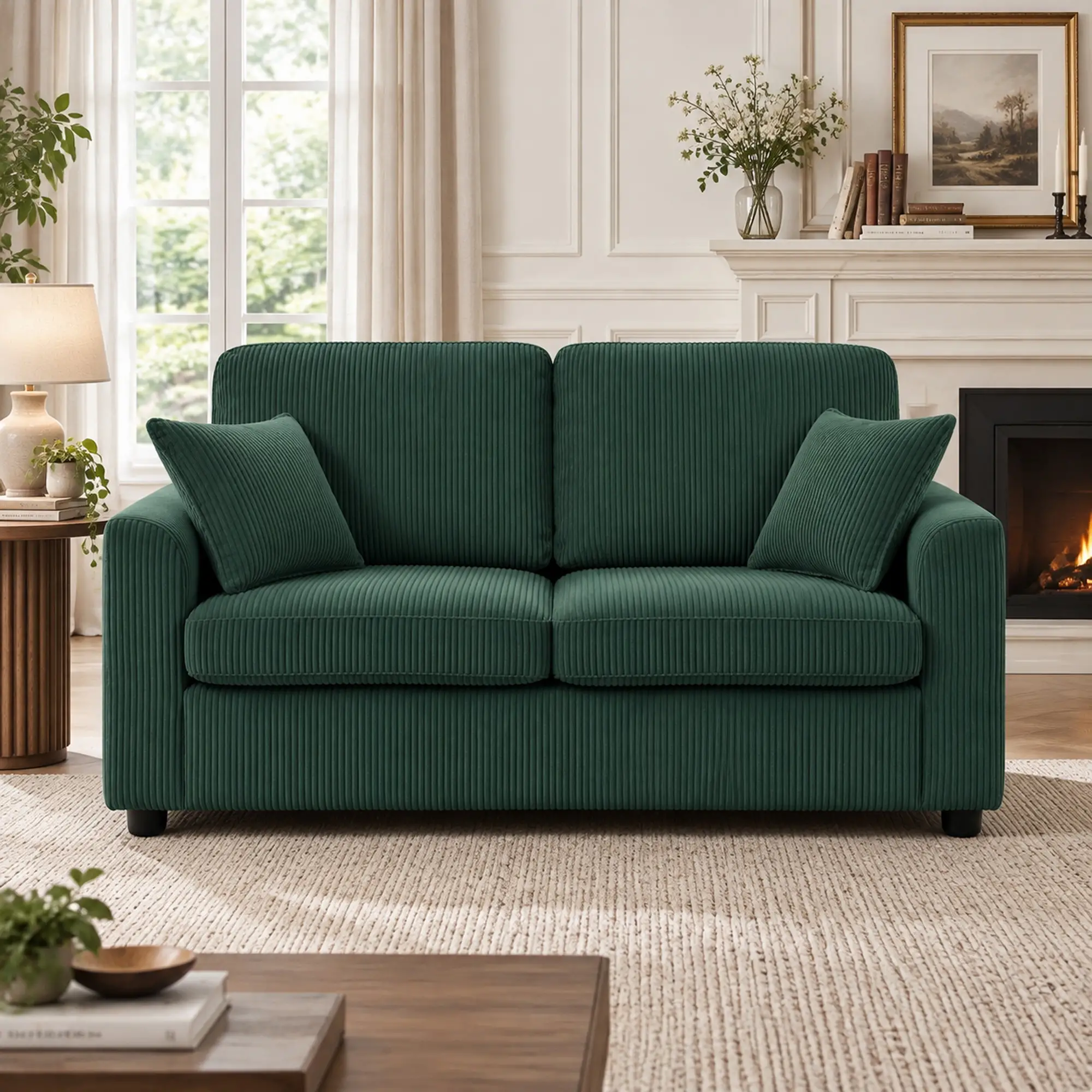 2 Seater Corduroy Sofa 144 x 76 x 89cm - Dark Green - 2