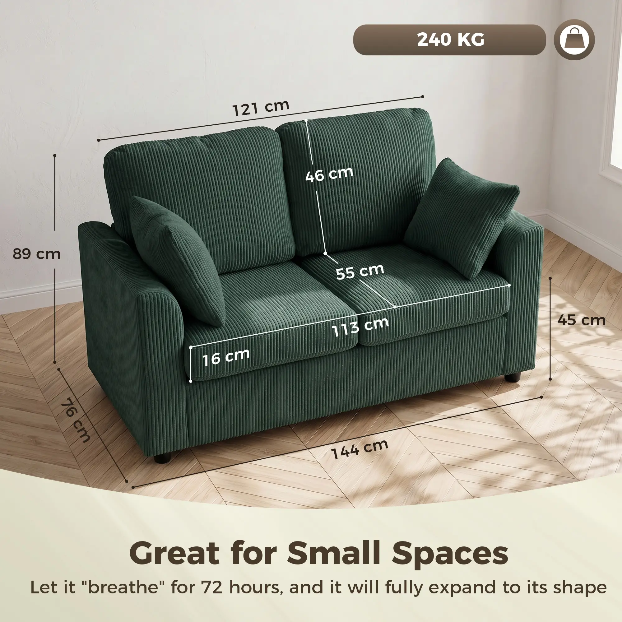 2 Seater Corduroy Sofa 144 x 76 x 89cm - Dark Green - 3