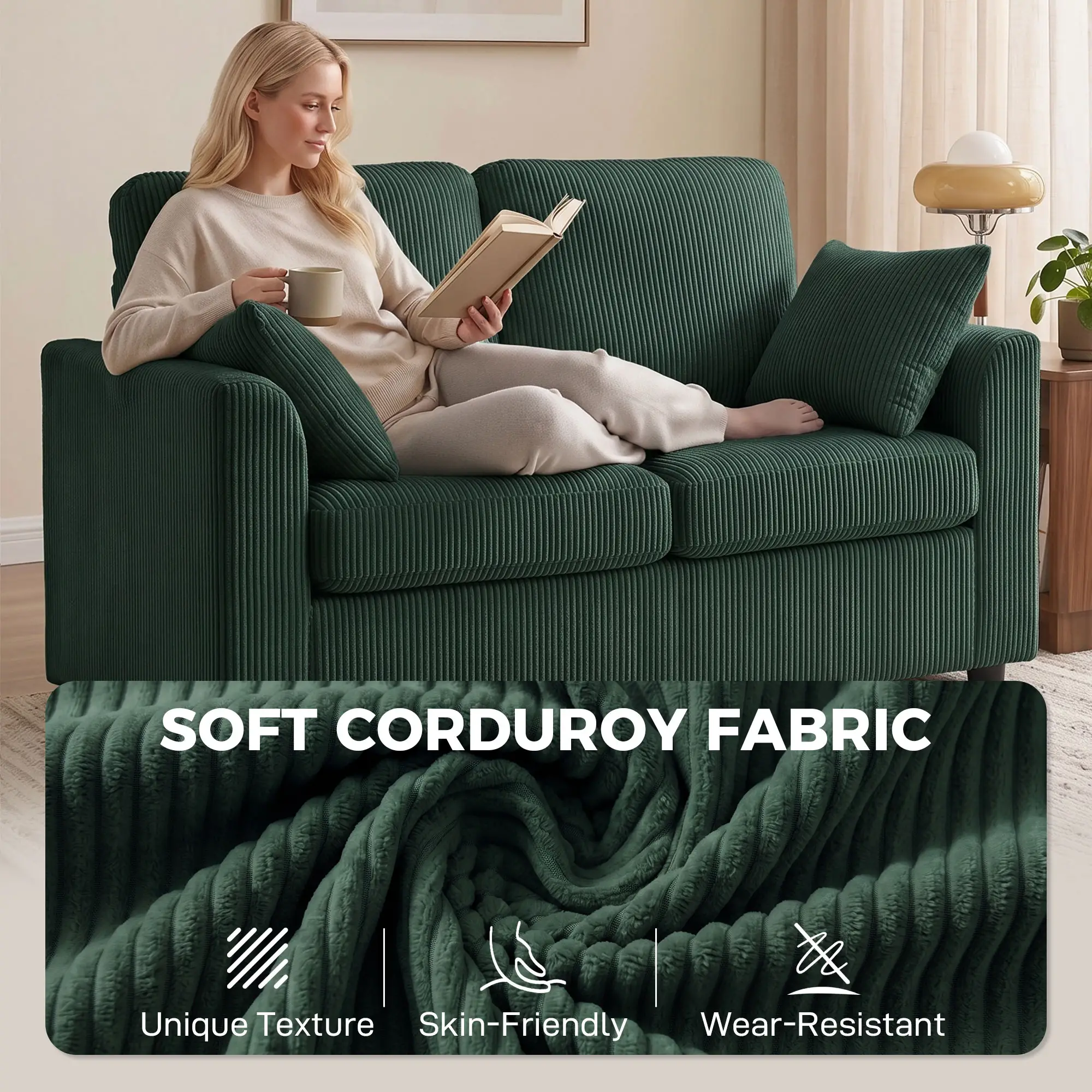 2 Seater Corduroy Sofa 144 x 76 x 89cm - Dark Green - 4
