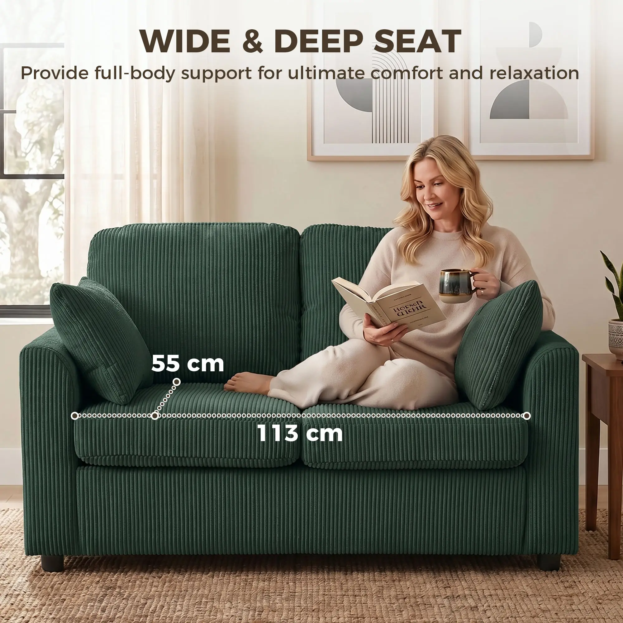 2 Seater Corduroy Sofa 144 x 76 x 89cm - Dark Green - 6