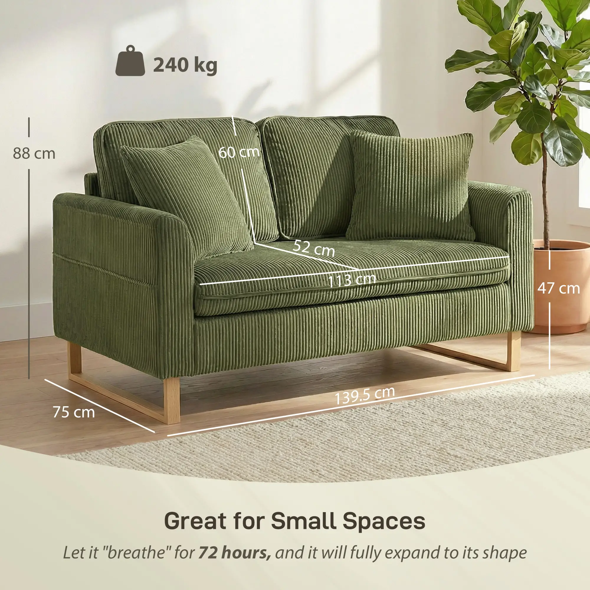 2 Seater Corduroy Sofa 139.5 x 75 x 88cm - Dark Green - 3
