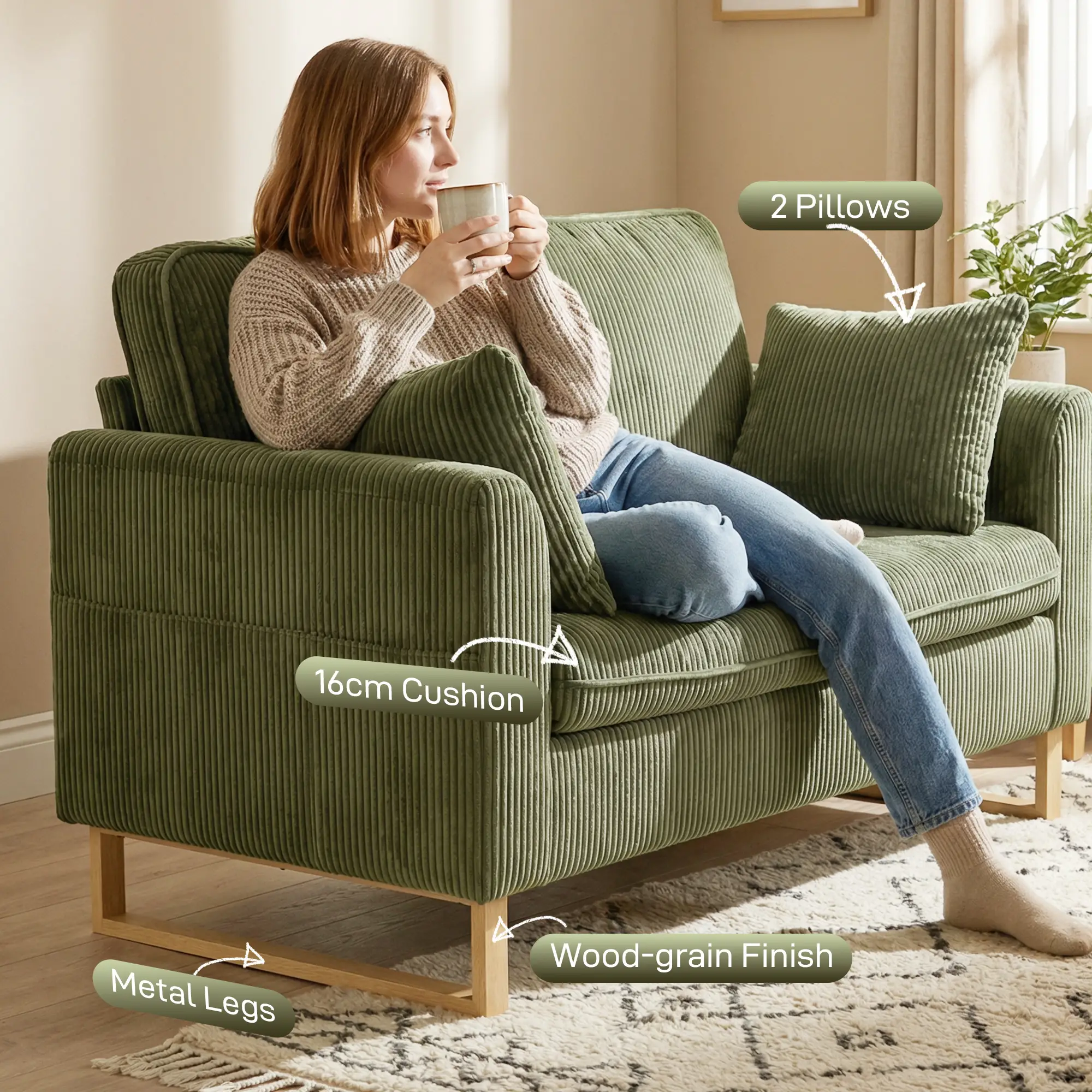 2 Seater Corduroy Sofa 139.5 x 75 x 88cm - Dark Green - 5
