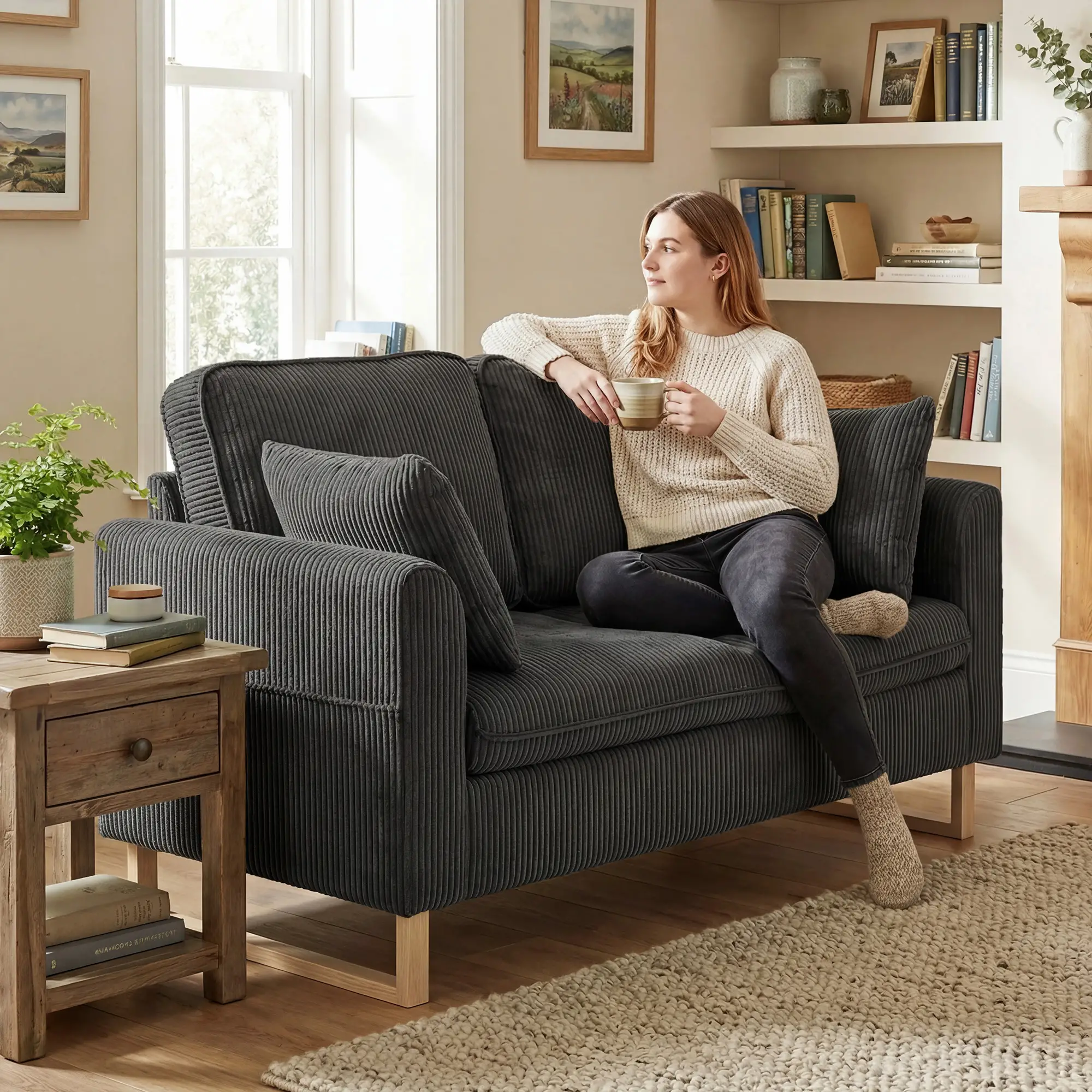 2 Seater Corduroy Sofa 139.5 x 75 x 88cm - Dark Grey - 2