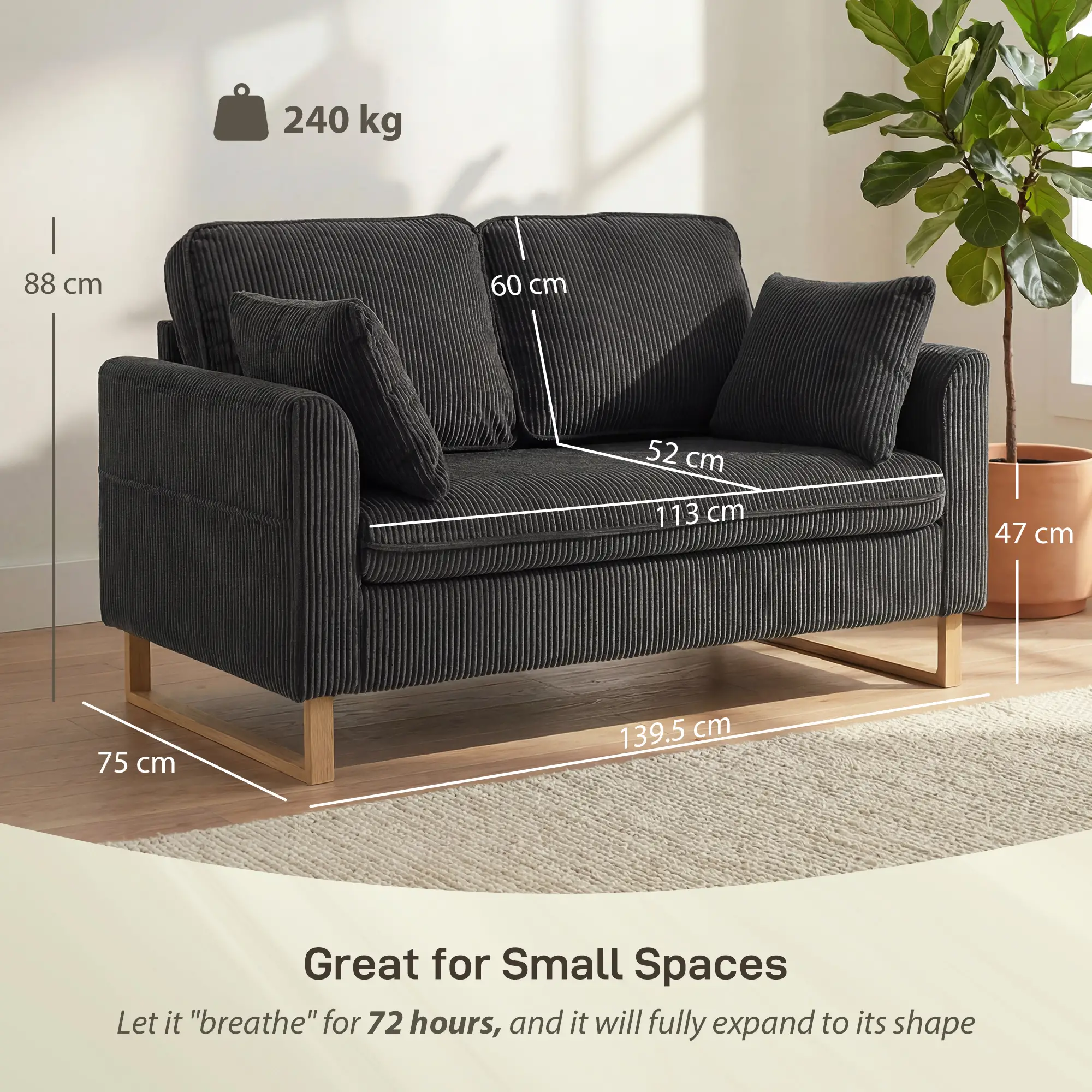 2 Seater Corduroy Sofa 139.5 x 75 x 88cm - Dark Grey - 3